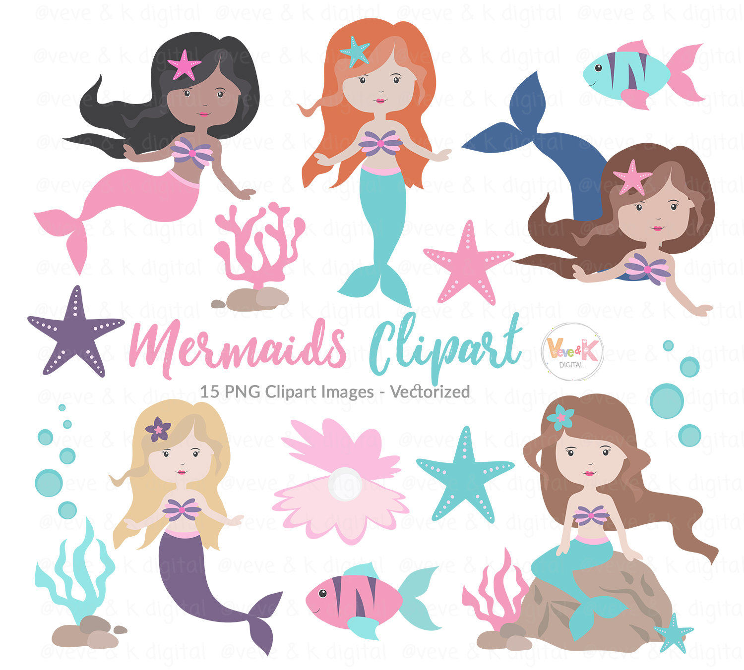 Mermaid Clipart Set Under The Sea Girl Mermaids Clip Art Graphic ...