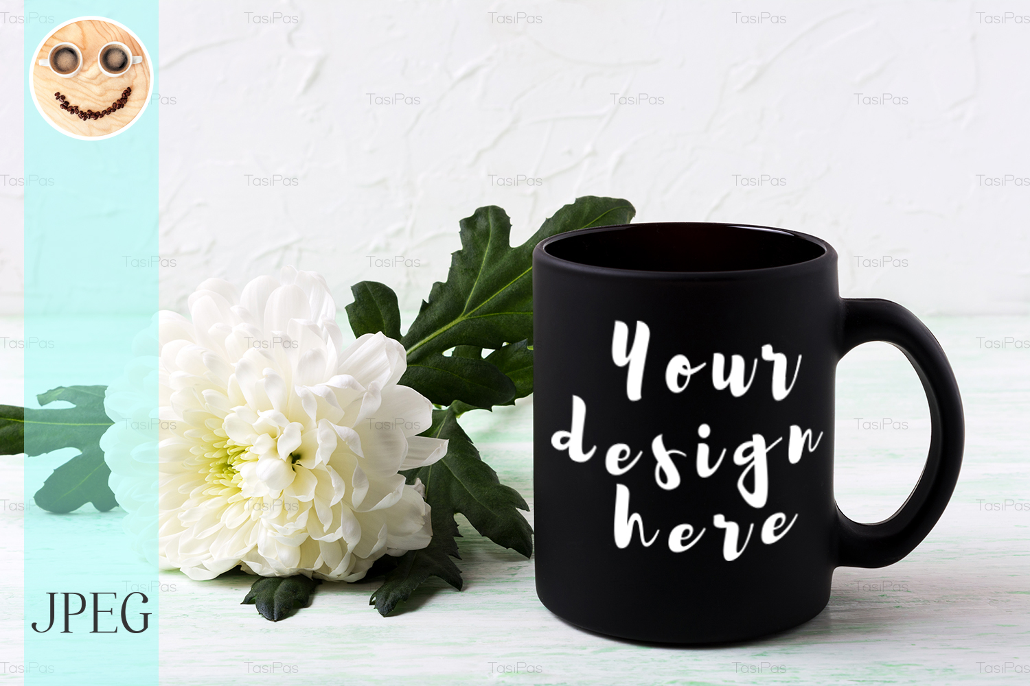 Download Black coffee mug mockup with white chrysanthemum (320221) | Mock Ups | Design Bundles