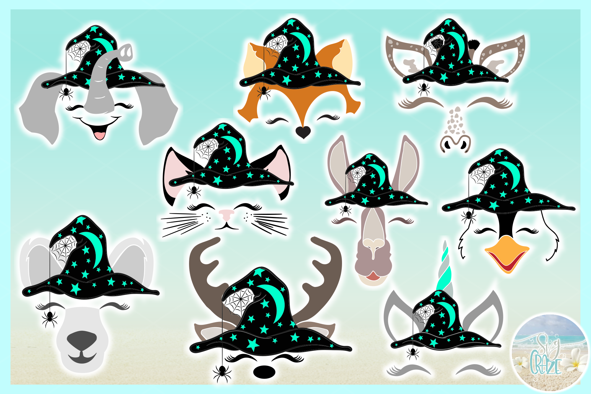 Animals with Witch Hat Halloween Bundle SVG