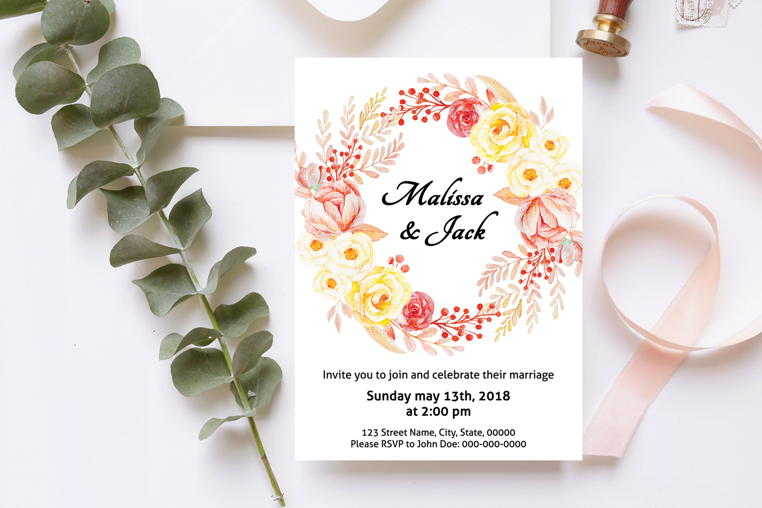 Watercolor Floral Wedding Invitation Template