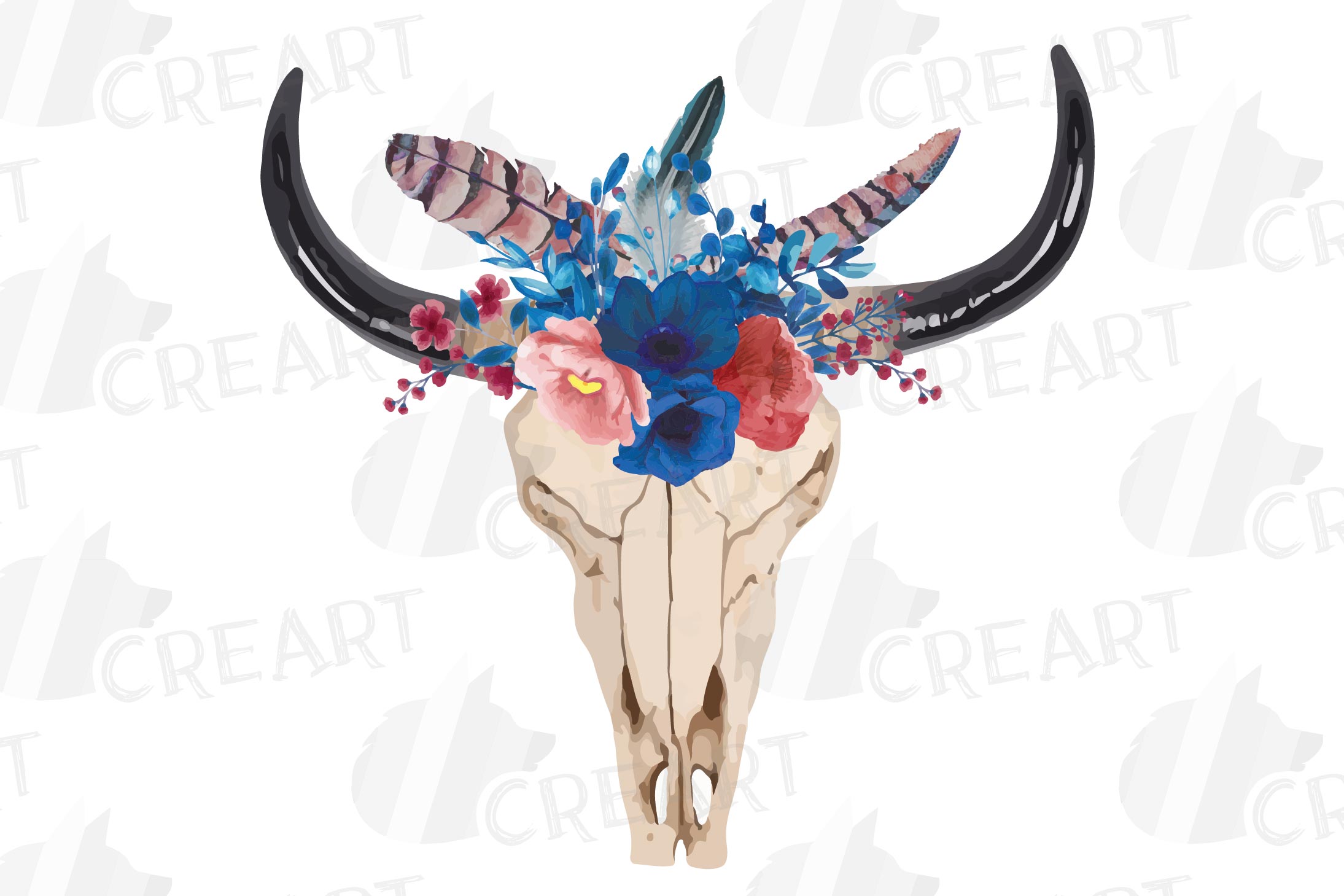 Bohemian Watercolor Floral Bull Skull Decoration Clip Art