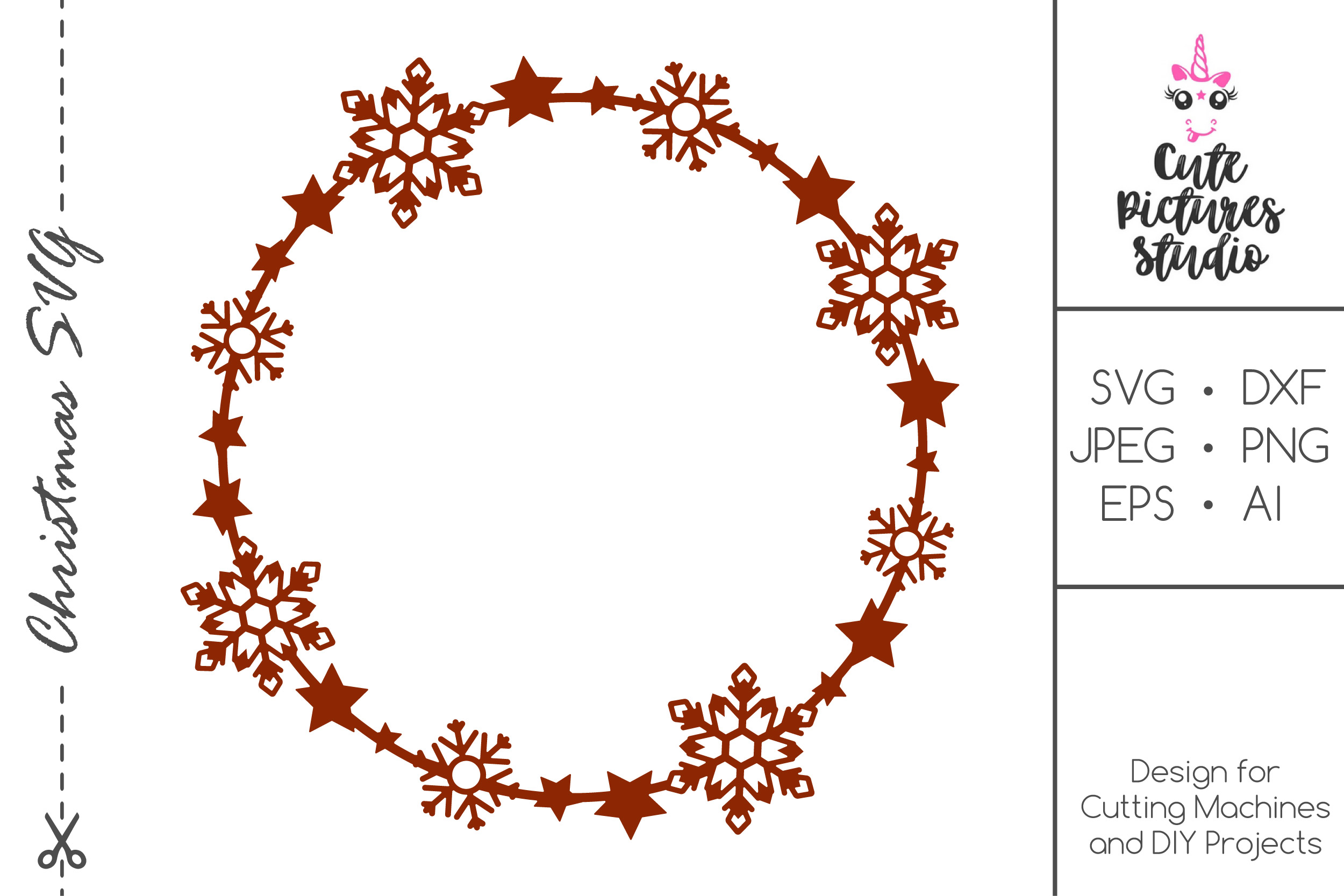 Download Christmas circle monogram frame with stars, snowflakes SVG