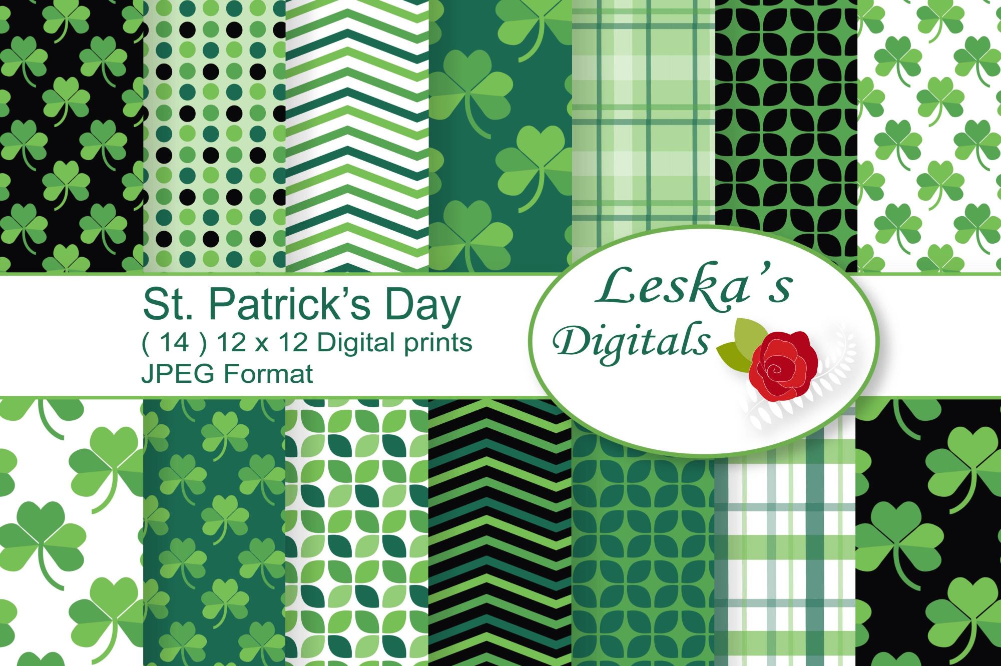 St Patricks Day Digital Paper Clover Backgrounds Design Bundles