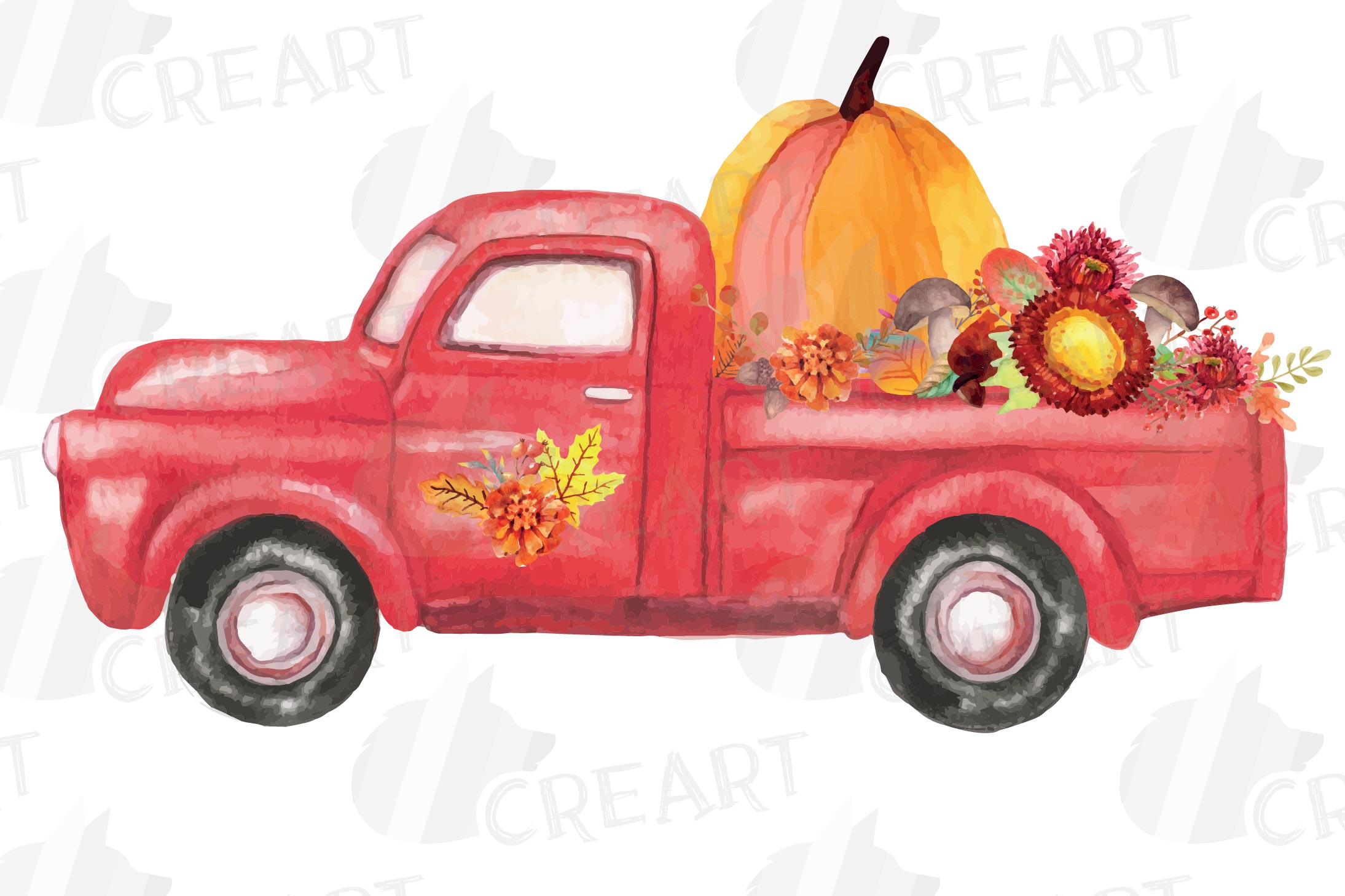 Watercolor Thanksgiving pickup trucks decoration clip art (378273 ...