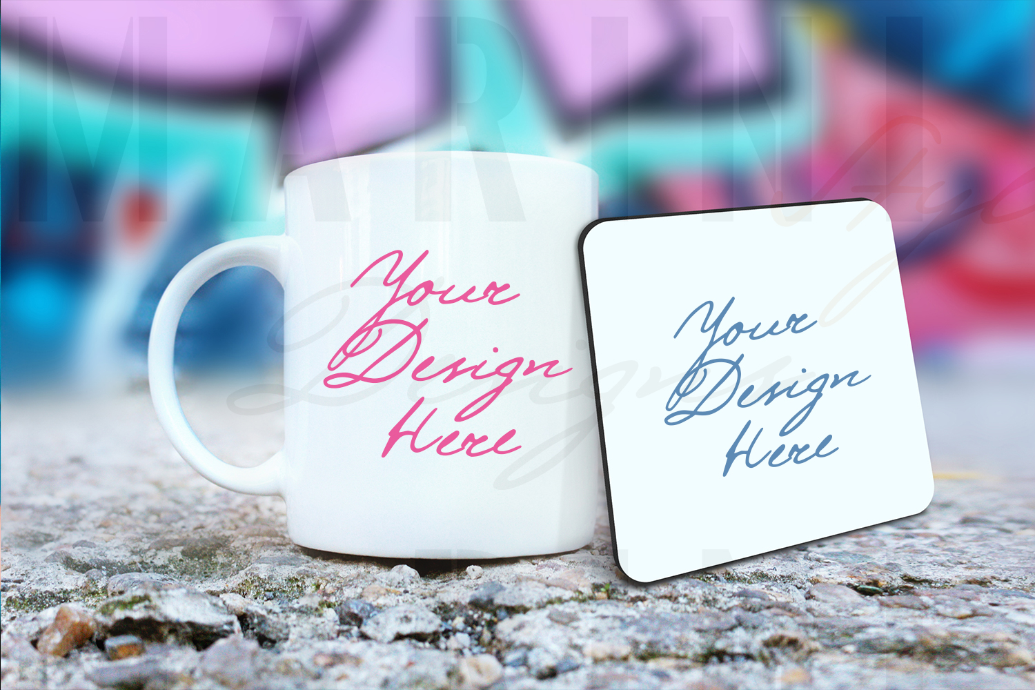 Mug & Coaster Mockup, rounded coaster & mug set mockup 908-5