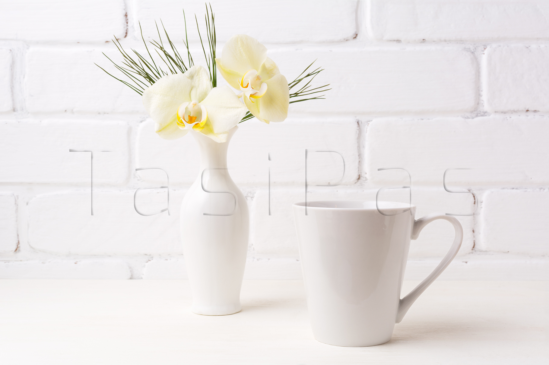 Download White coffee latte mug mockup with soft yellow orchid in ...