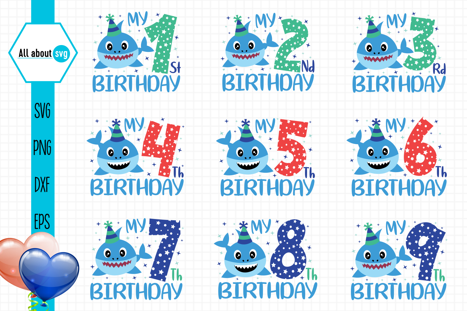 Birthday Sharks Numbers Bundle Svg