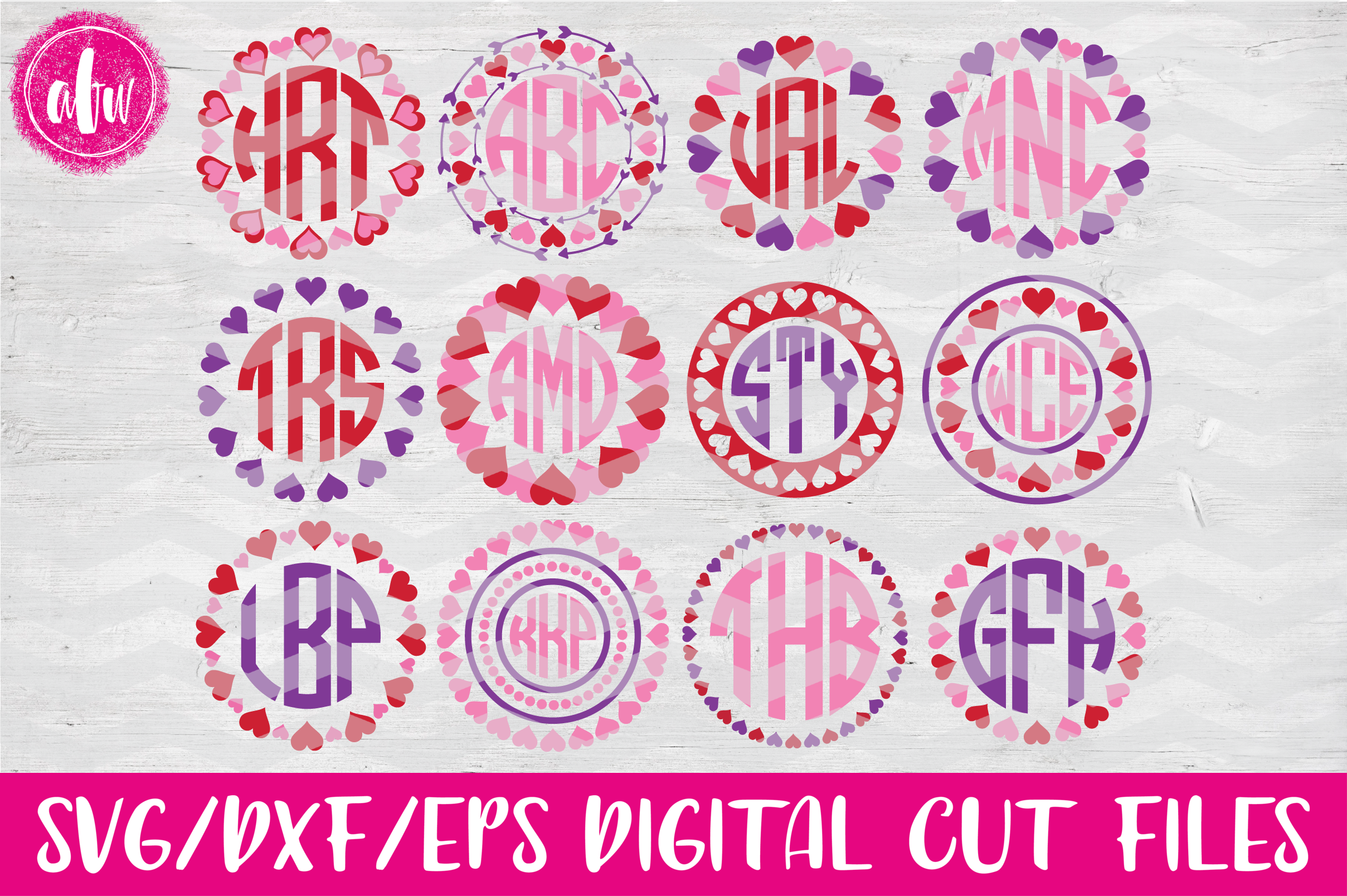 Valentine Heart Monograms - SVG, DXF, EPS Cut Files