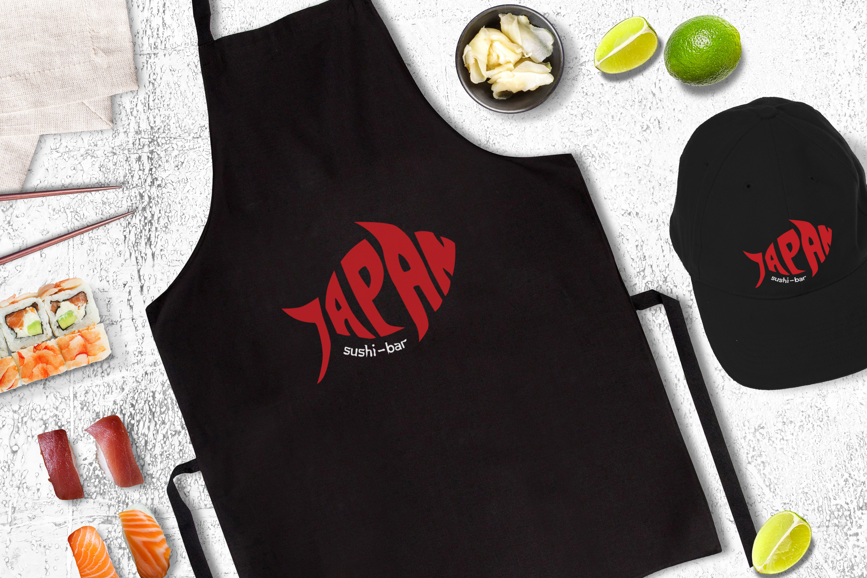 Sushi Bar Cap and Apron Mockup 5
