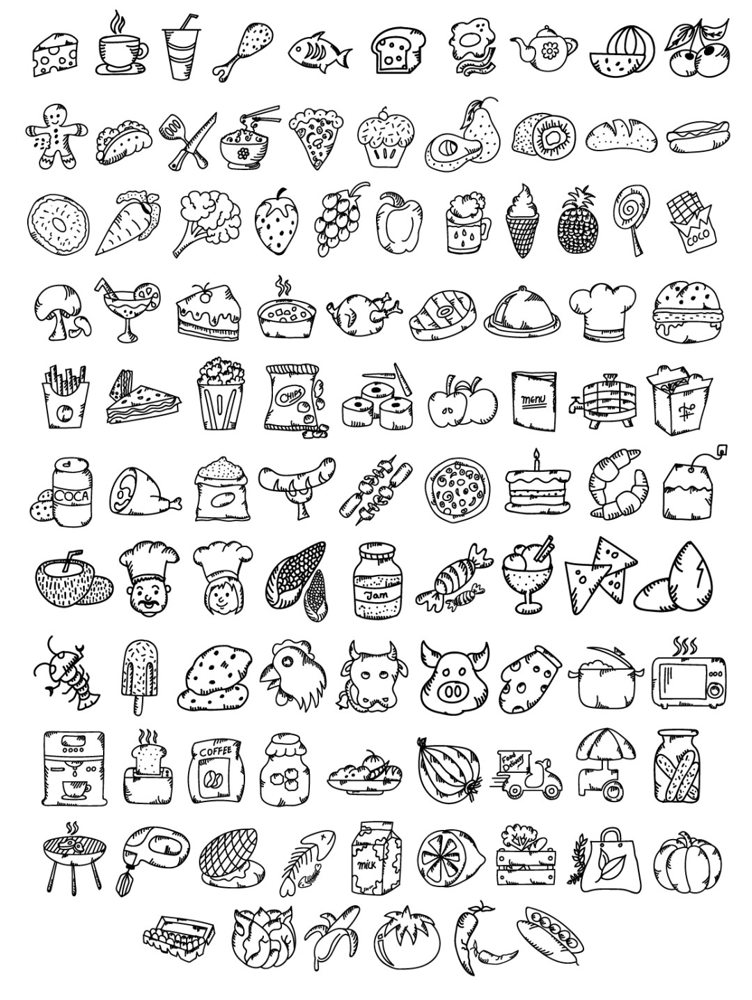 100 Hand Drawn Food Icons 