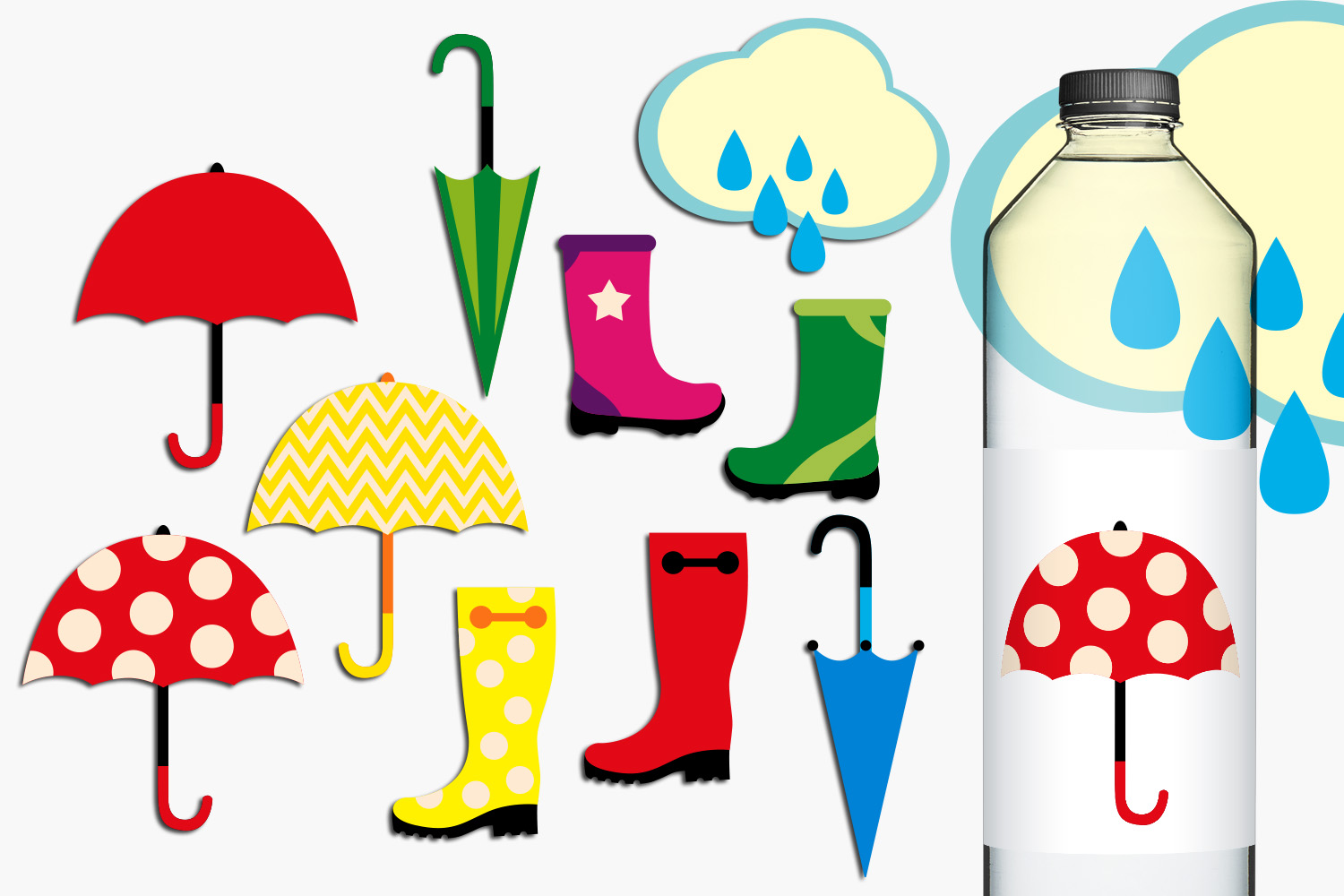 Rain boot and umbrella clip art illustrations bundle