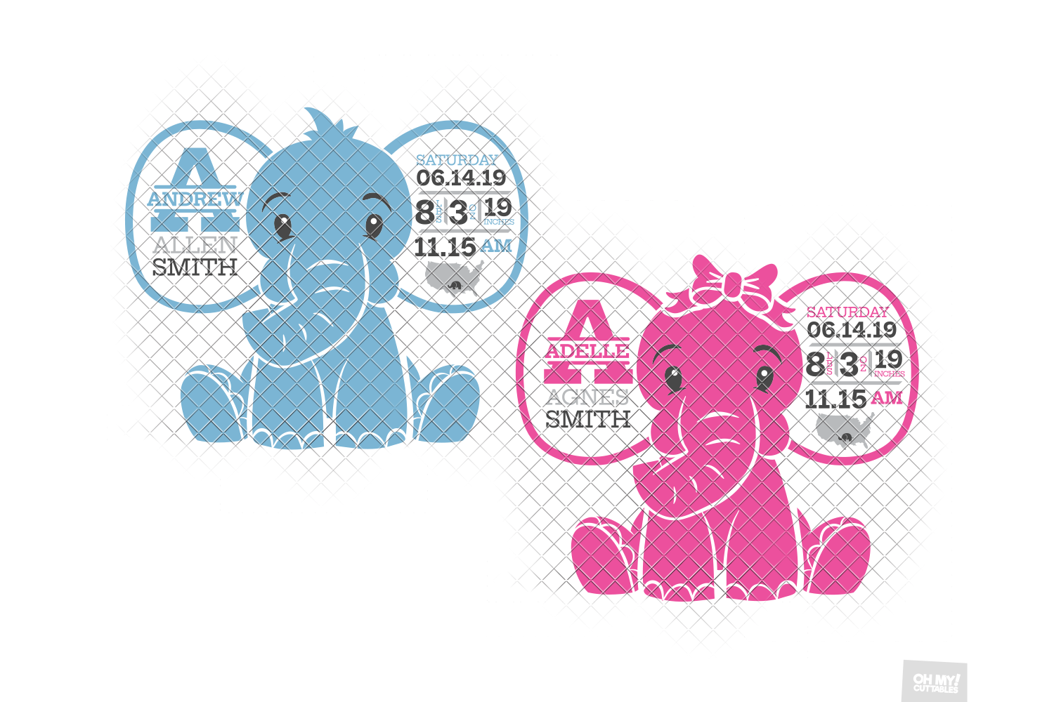 Elephant Birth Announcement SVG Ear Birth Stats Template