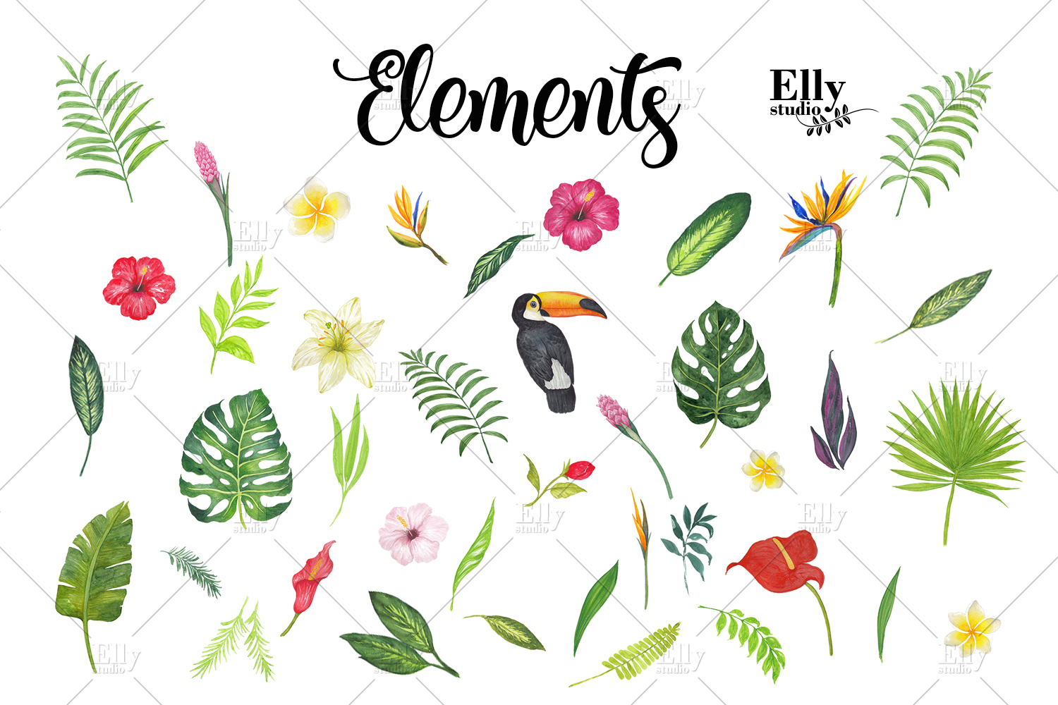 Watercolor Tropical Floral Clip Art (122505) | Illustrations | Design