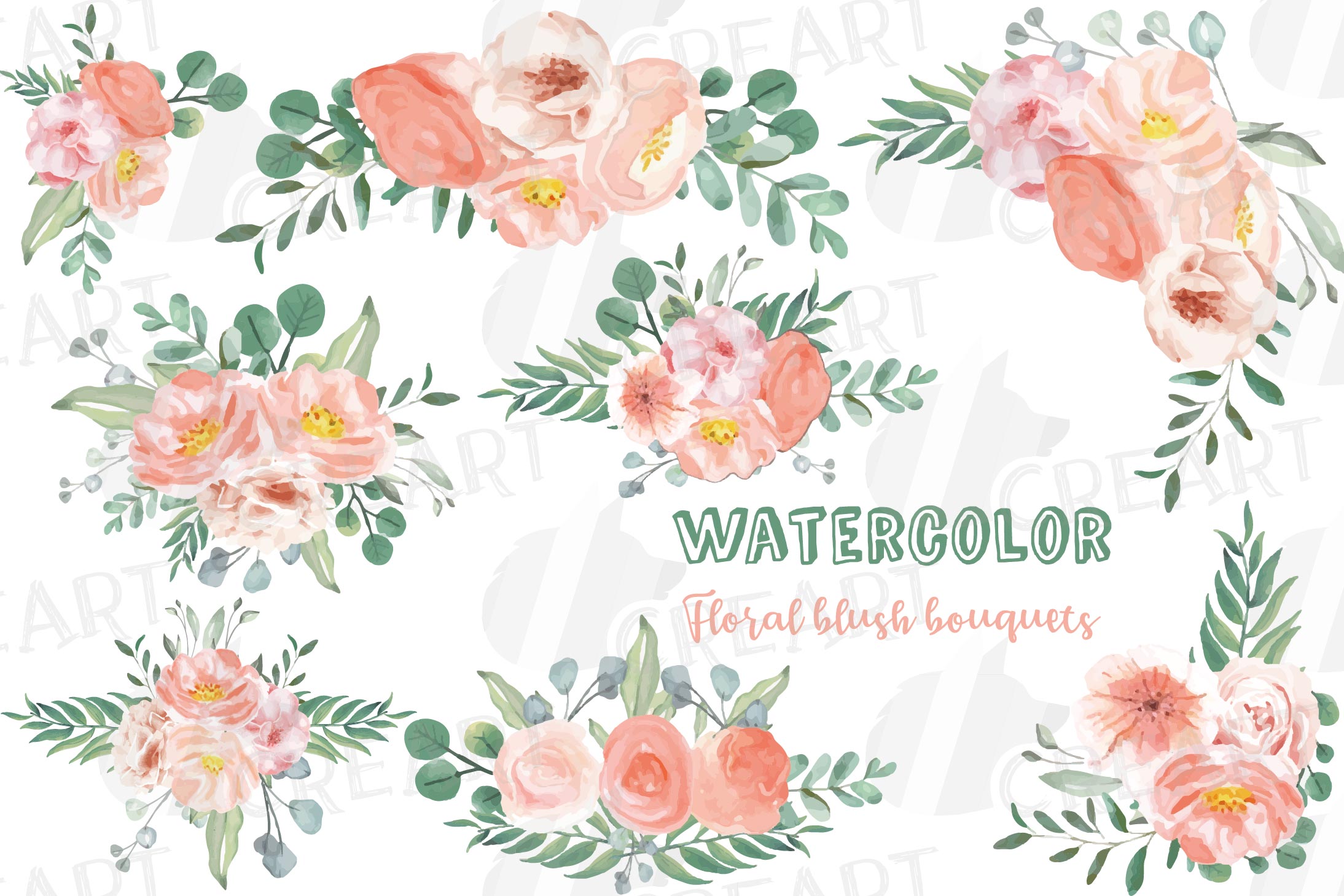 Watercolor blush wedding bouquets, floral bouquets clip art