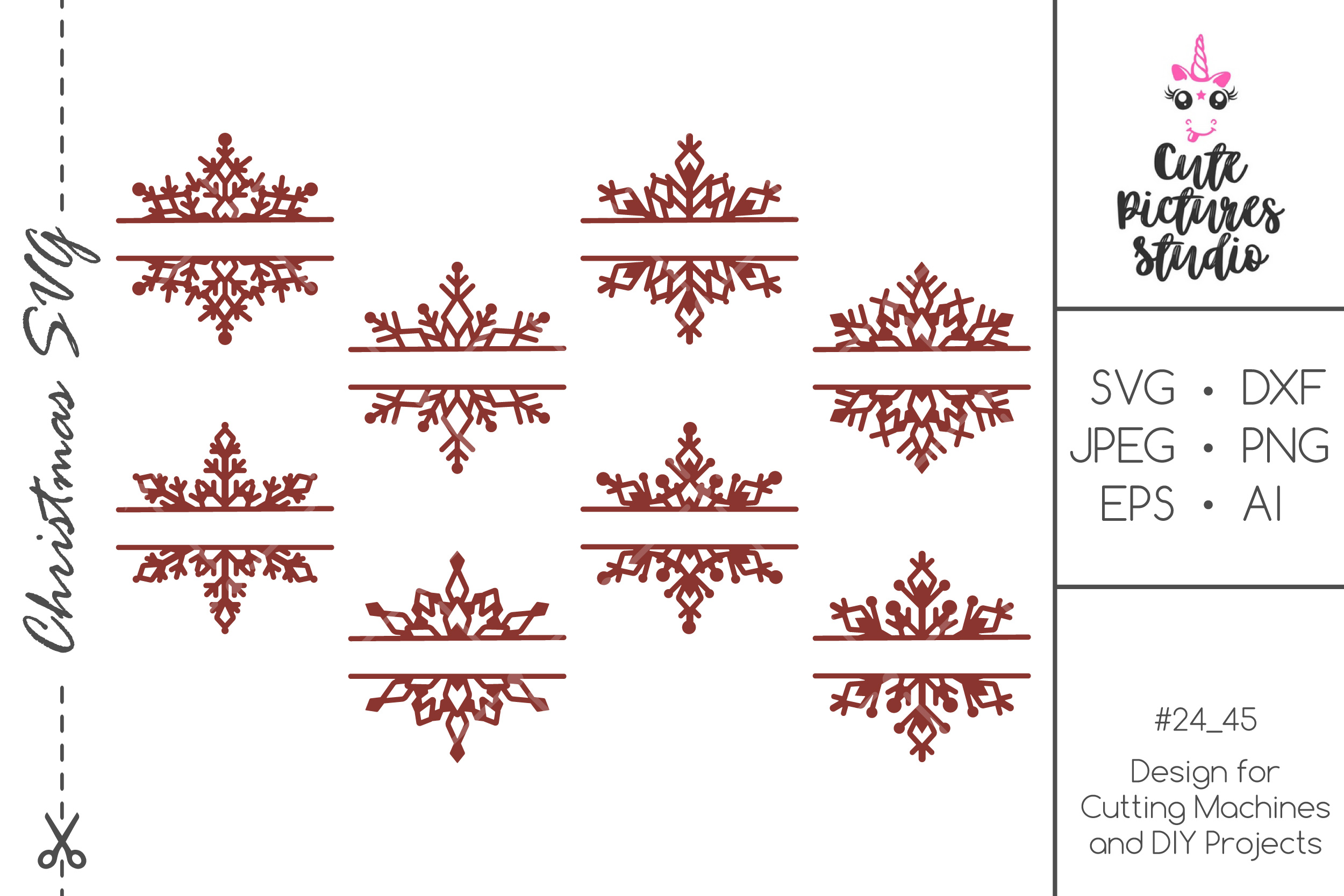 Christmas split monogram frame with snowflakes bundle SVG
