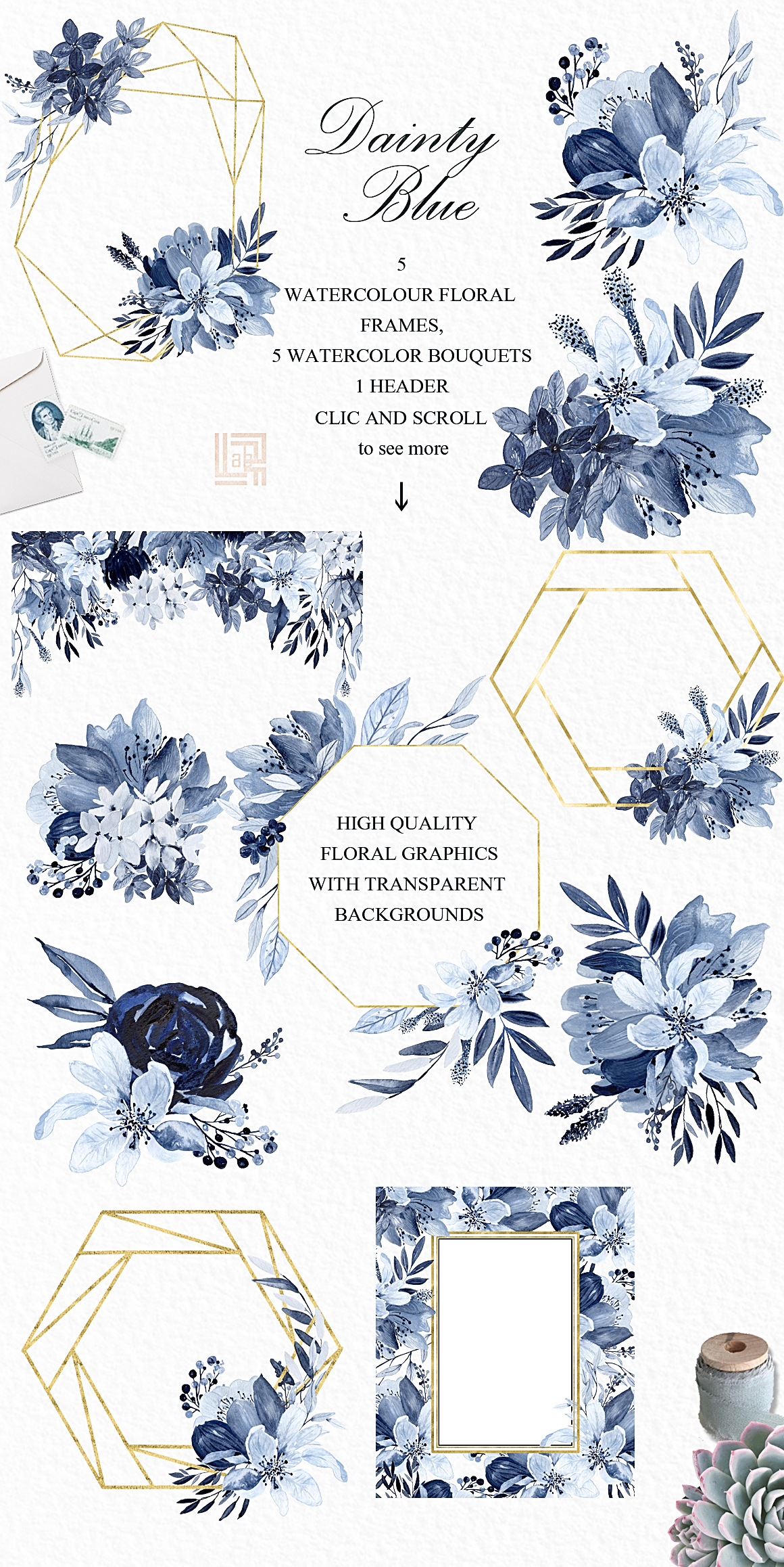 Dainty blue watercolor clipart. Navy blue wedding design.