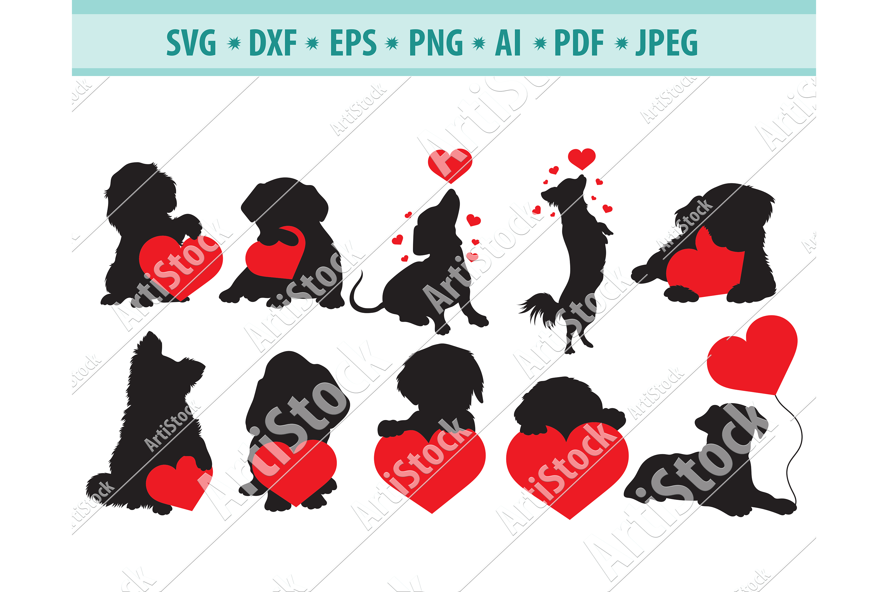 Download Dogs SVG, Dogs with heart Svg, Valentine dogs Dxf, Png, Eps