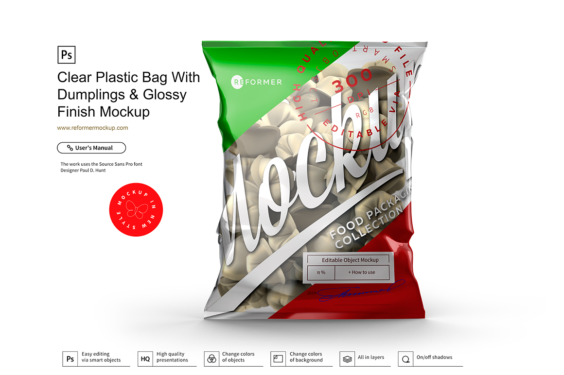 Download Clear Plastic Bag With Dumplings & Glossy Finish Mockup (355781) | Mock Ups | Design Bundles