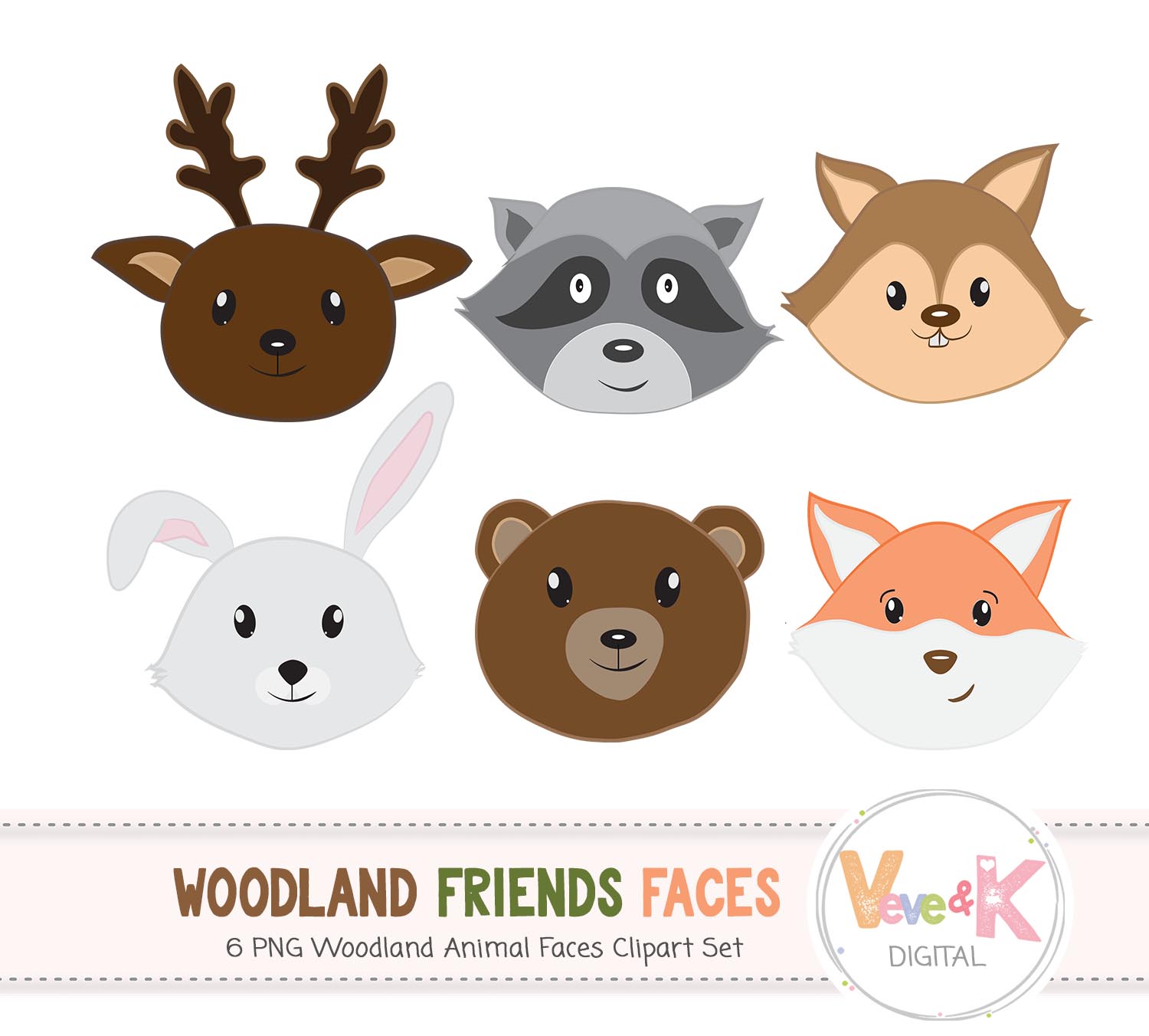 Forest Animals Faces, Woodland Animals Clipart, Deer, Fox ...