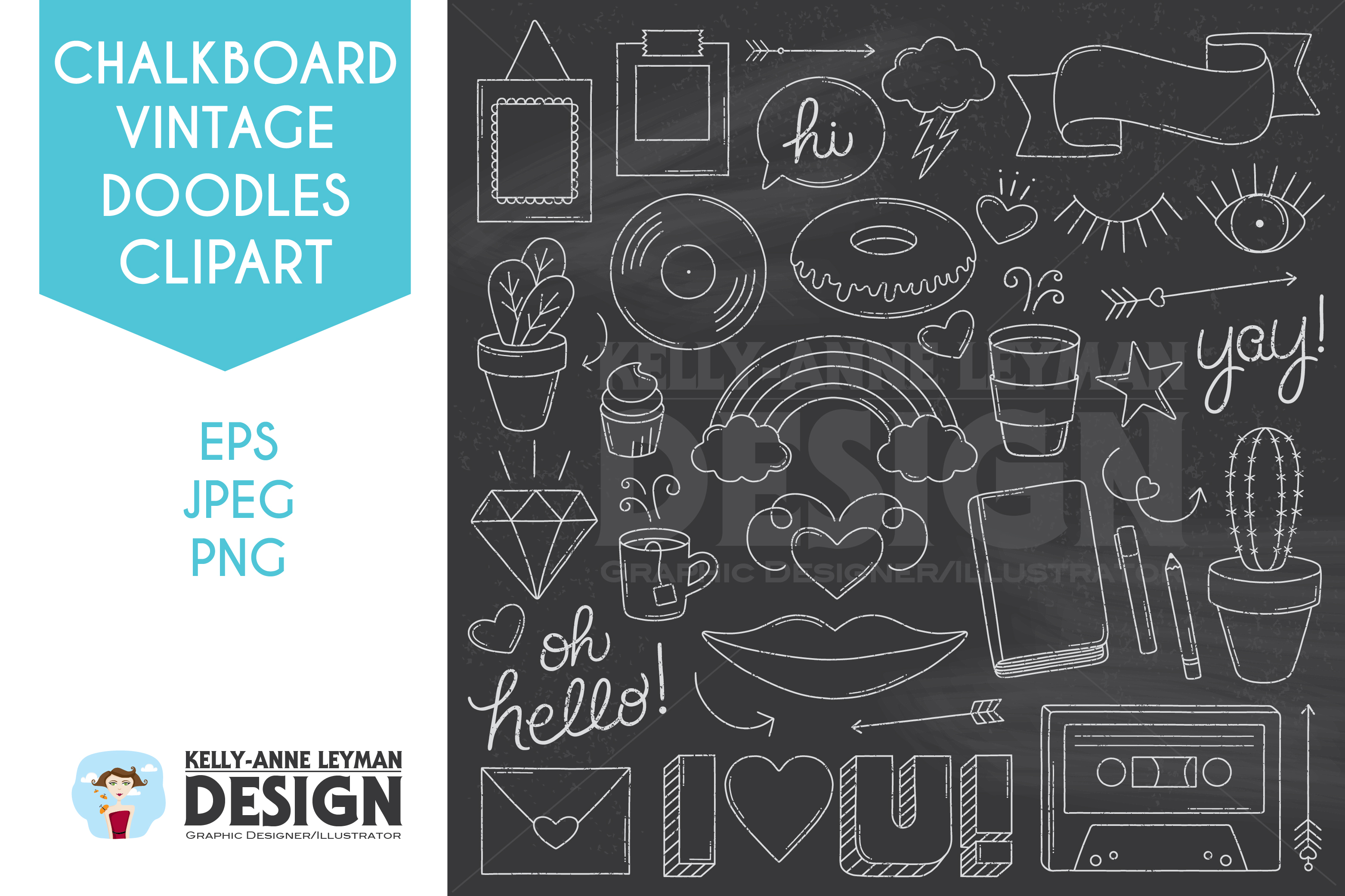Chalkboard Retro Doodles, Trendy Hand drawn Clip Art Set