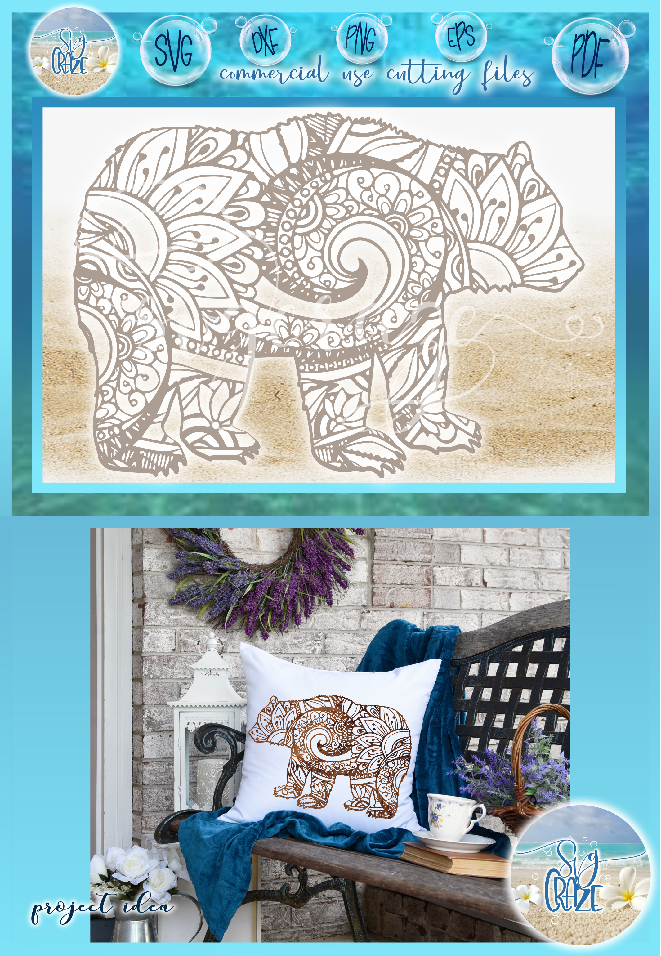 Download Bear Mandala Zentangle SVG DXF EPS PNG files for Cricut