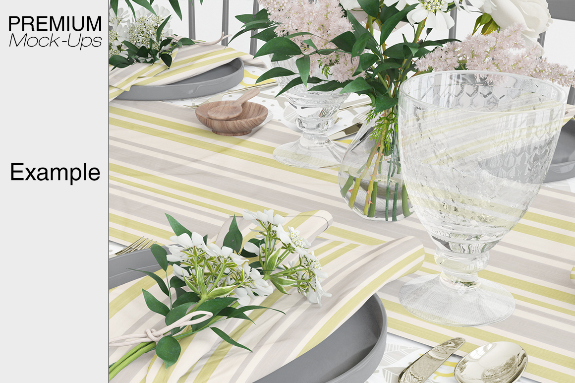 Download Table Linens - Tablecloth, Runner & Napkins Mockup (52210) | Mock Ups | Design Bundles