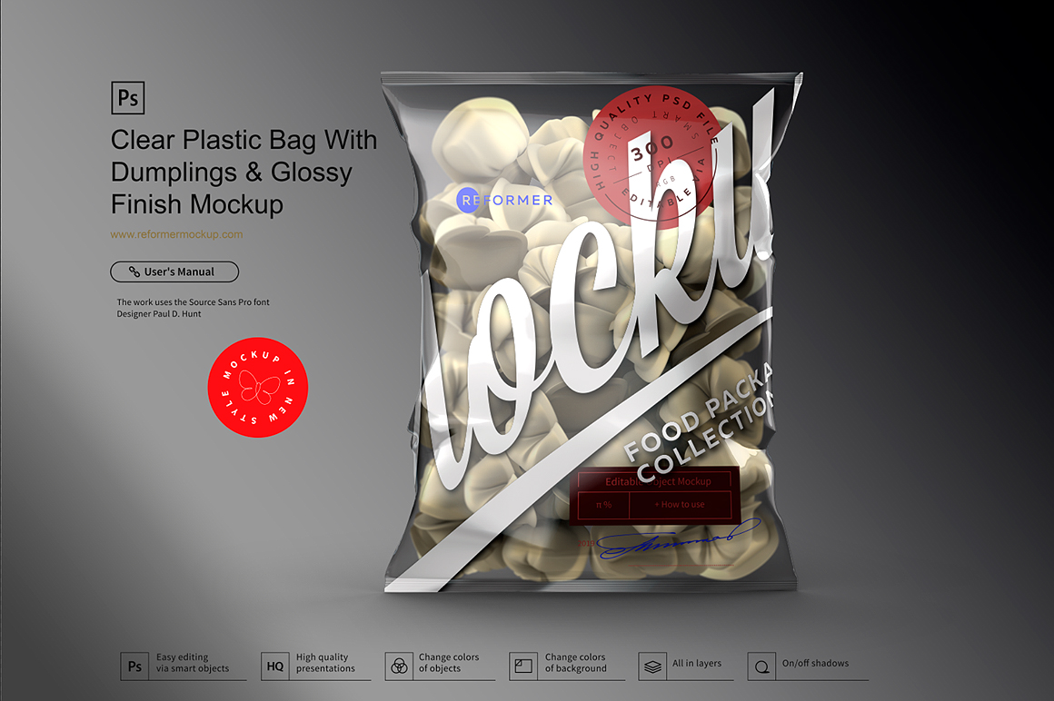 Download Clear Plastic Bag With Dumplings & Glossy Finish Mockup (355781) | Mock Ups | Design Bundles
