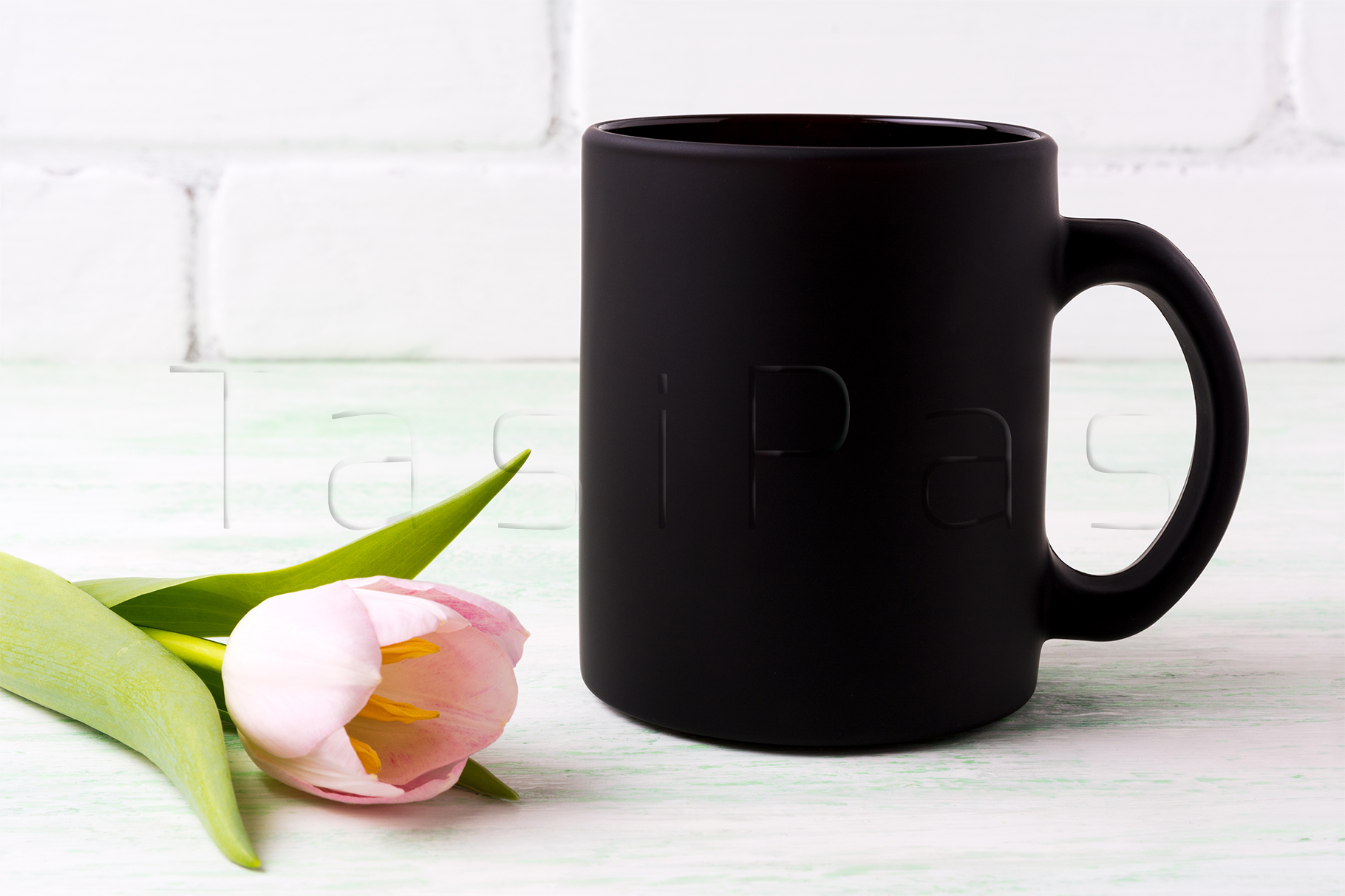 Download Black coffee mug mockup with pink tulip