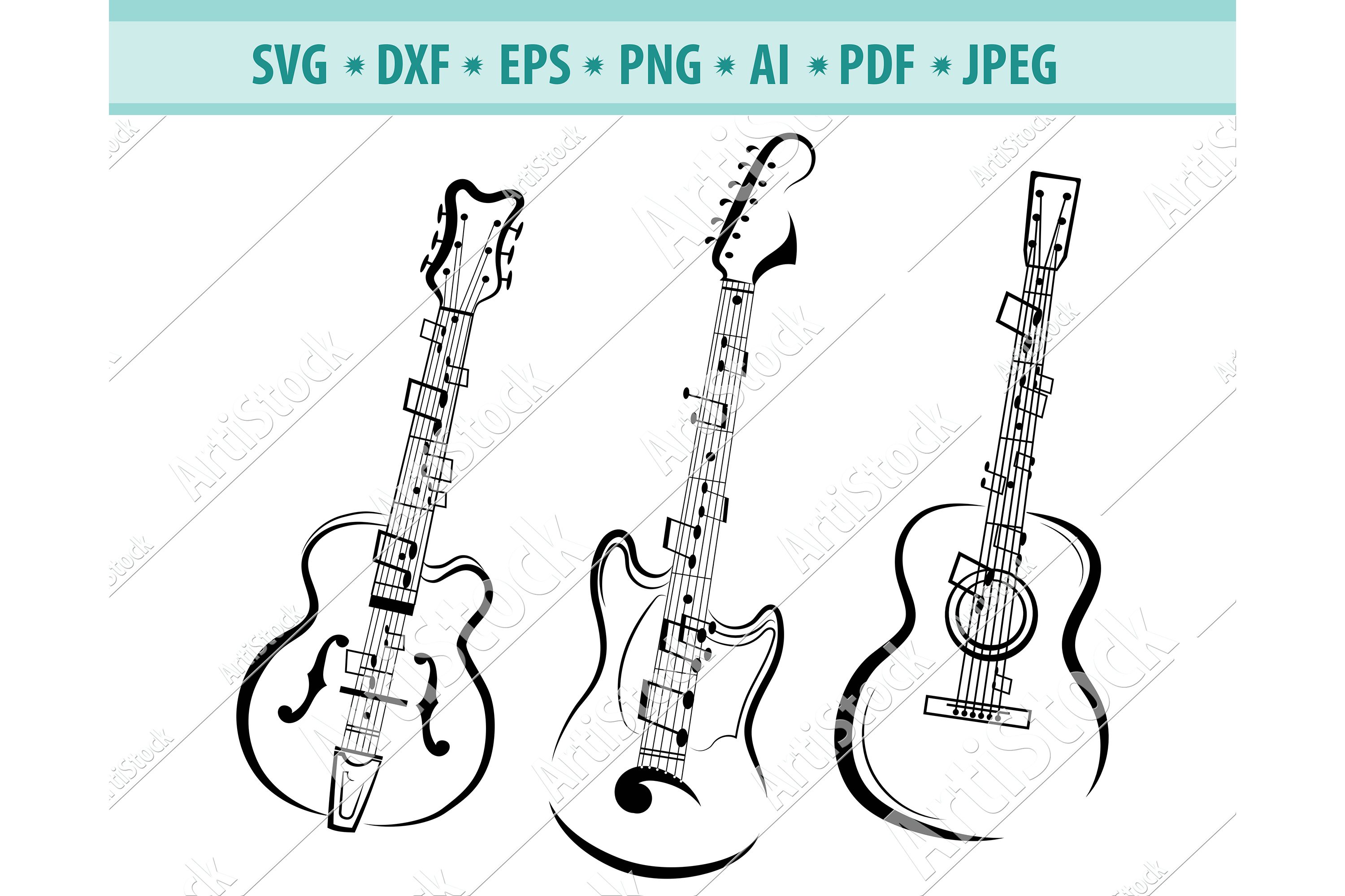 Download Electric guitar SVG, Guitar notes DXF, Rock music Png, Eps