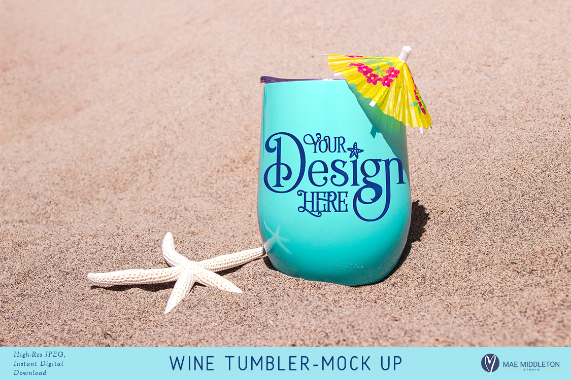 Download Wine Tumbler with starfish on the beach - Mock up for Summer (531569) | Seasonal | Design Bundles