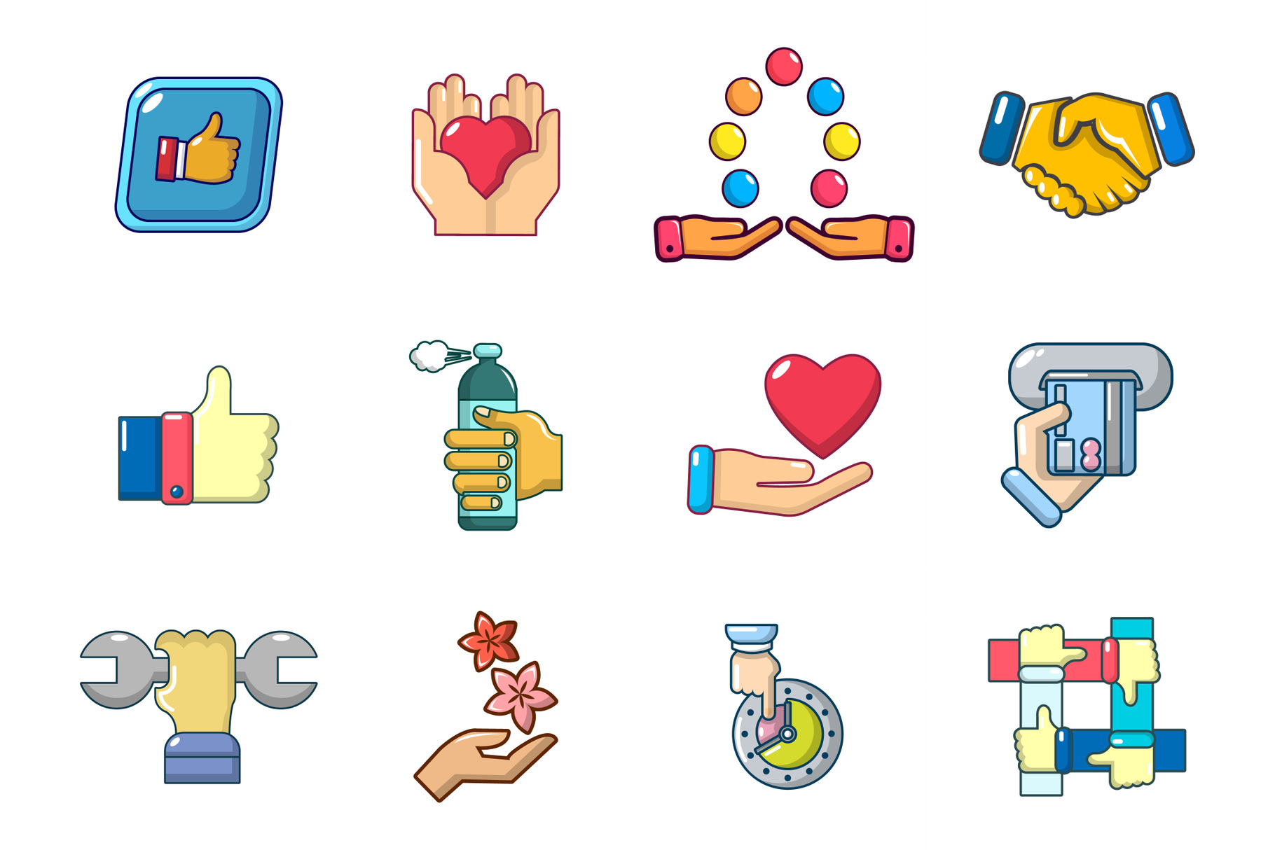 Hand object icon set, cartoon style