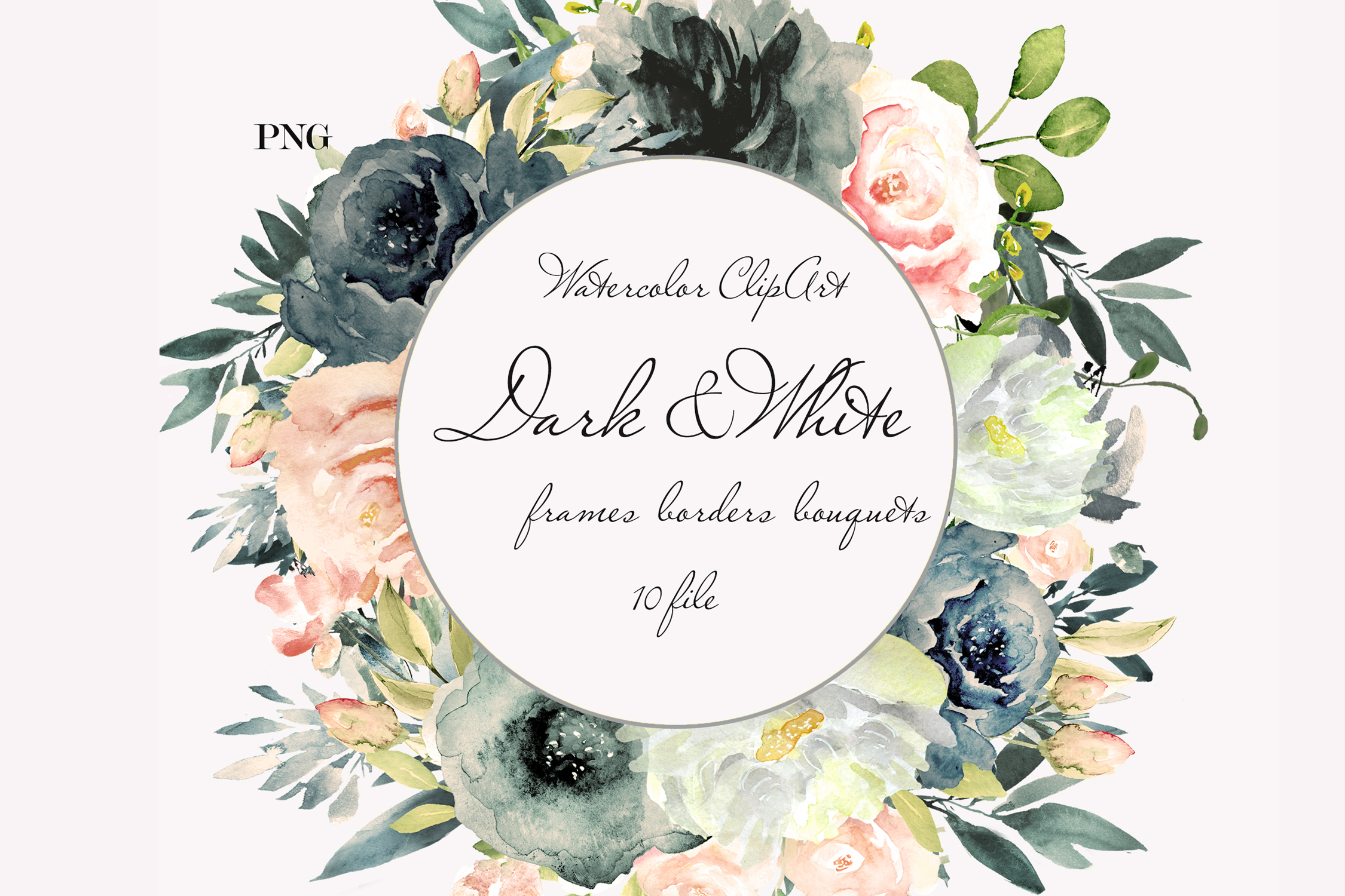 Black White Watercolor Floral Clipart Wedding Floral Wreath