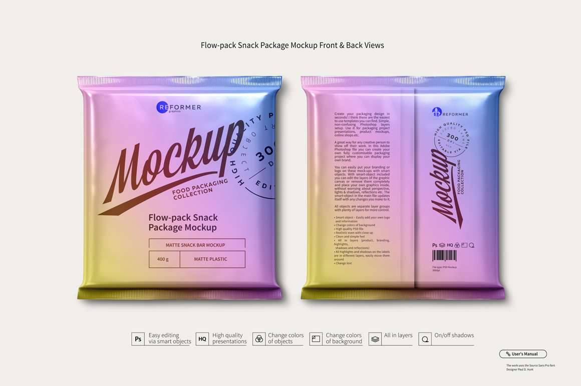 Download Flow-pack Snack Package Mockup Front & Back Views (99858) | Mock Ups | Design Bundles