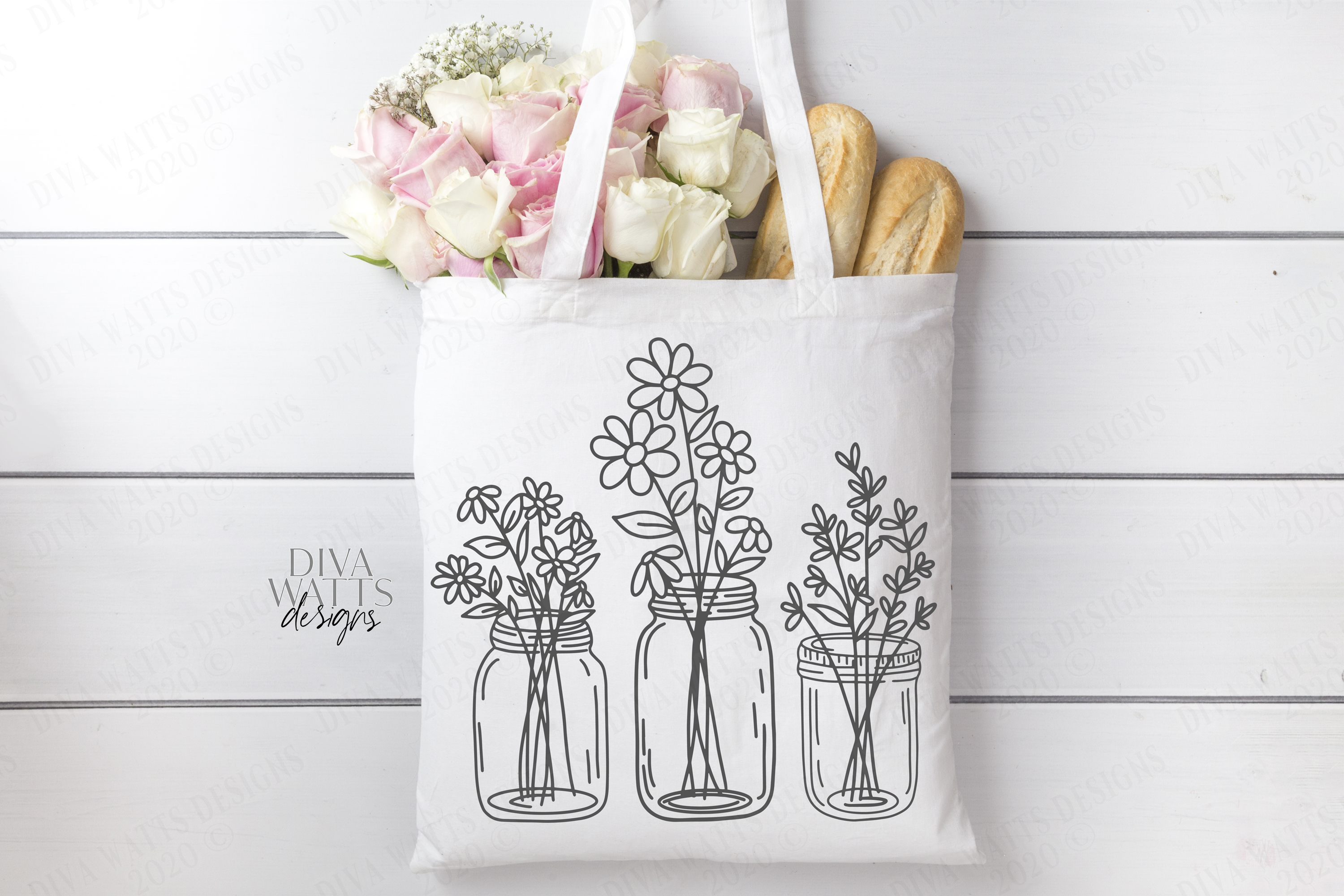 Download Mason Jar Floral Arrangement Trio - Farmhouse SVG DXF EPS AI