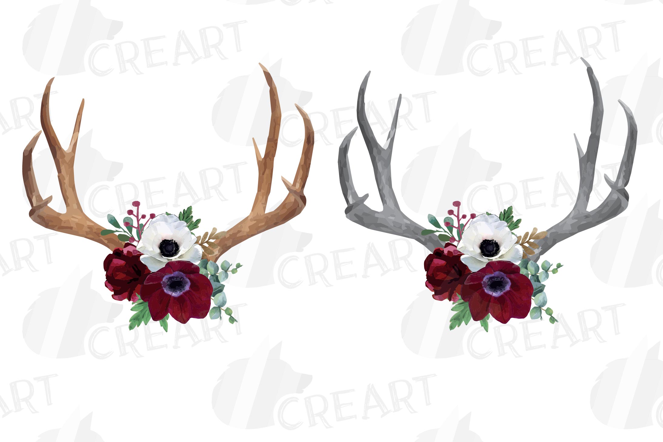 Watercolor Floral Deer horn clip art, Tribal decoration png (232954