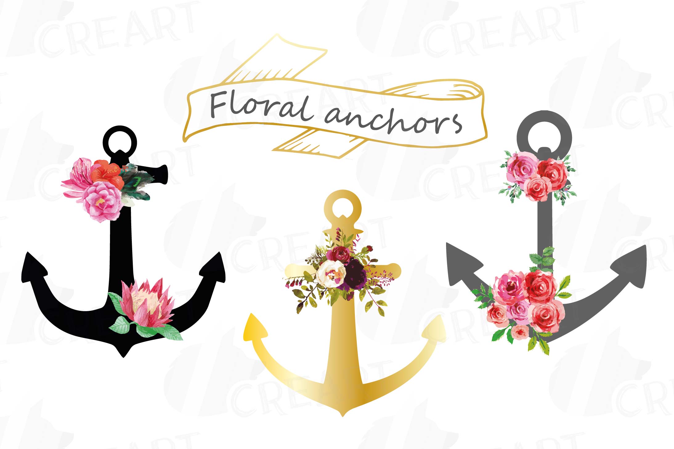 Download Floral anchor clip art collection, watercolor floral anchor, (106562) | Illustrations | Design ...