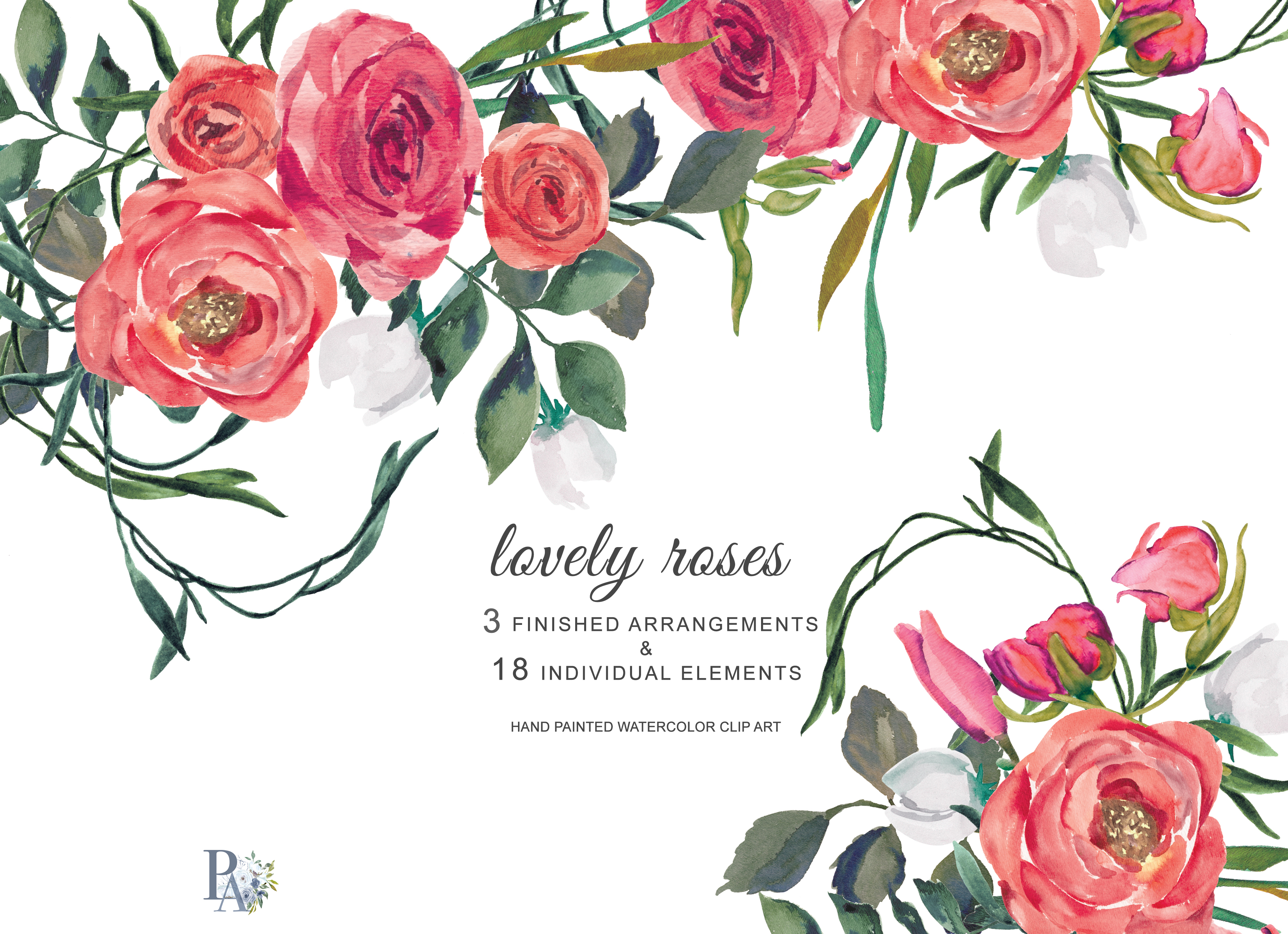 Red Roses Watercolor Flower Clipart (77016) | Illustrations | Design ...