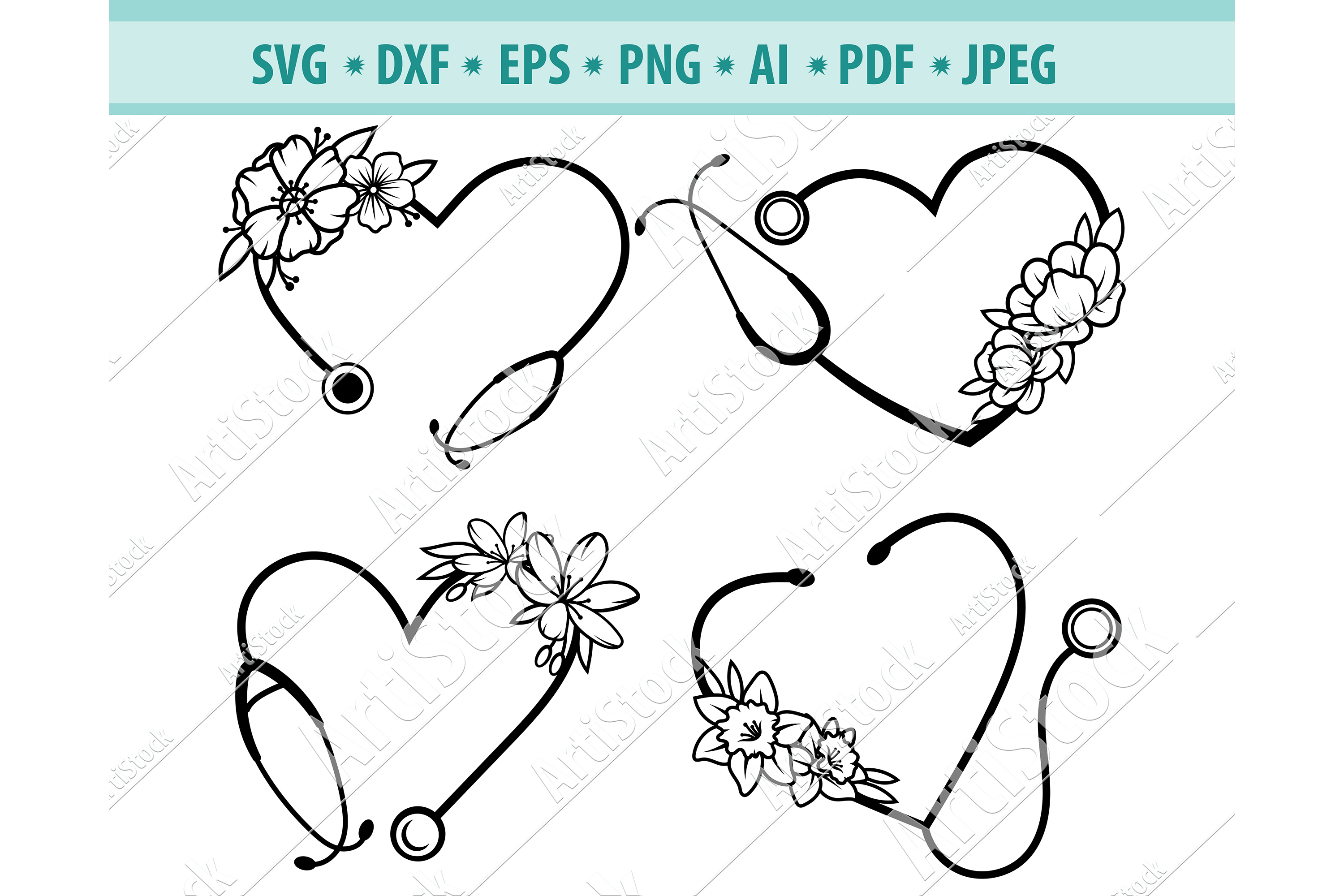 Download Heart Stethoscope with flowers SVG, Stethoscope Dxf, Eps