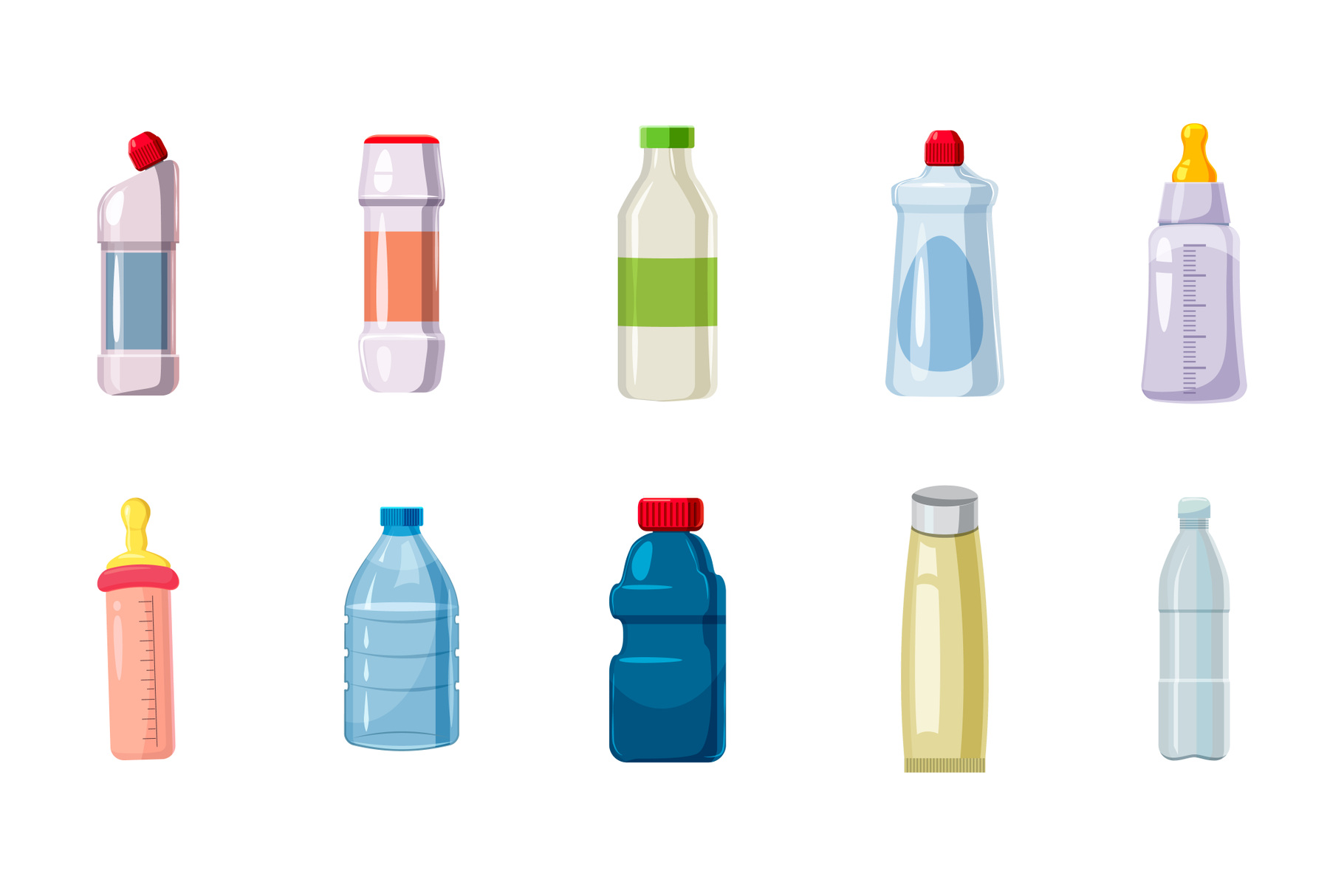 Plastic bottle icon set, cartoon style