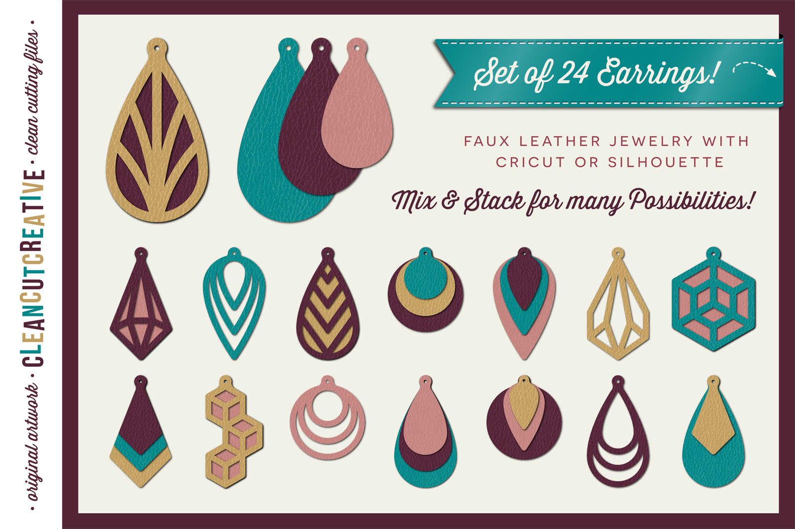 Set of 24 Faux Leather Earrings - SVG DXF EPS PNG - Cricut and