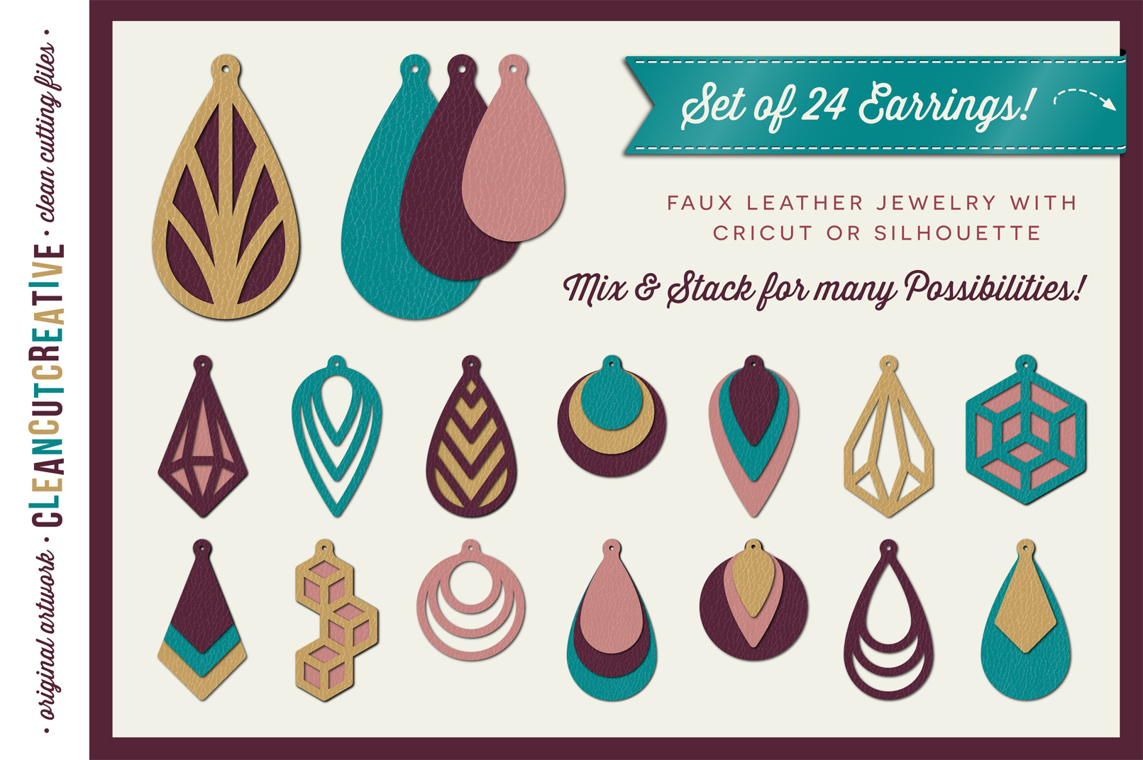 Set Of 24 Faux Leather Earrings Svg Dxf Eps Png Cricut And Silhouette Clean Cutting Files