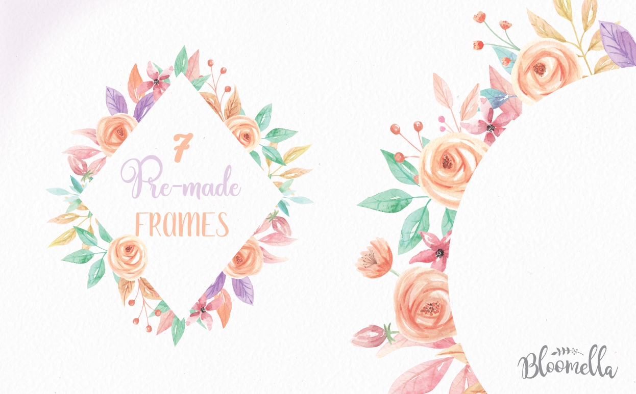 Pretty in Peach Frames Watercolor Clipart Border Flowers Florals