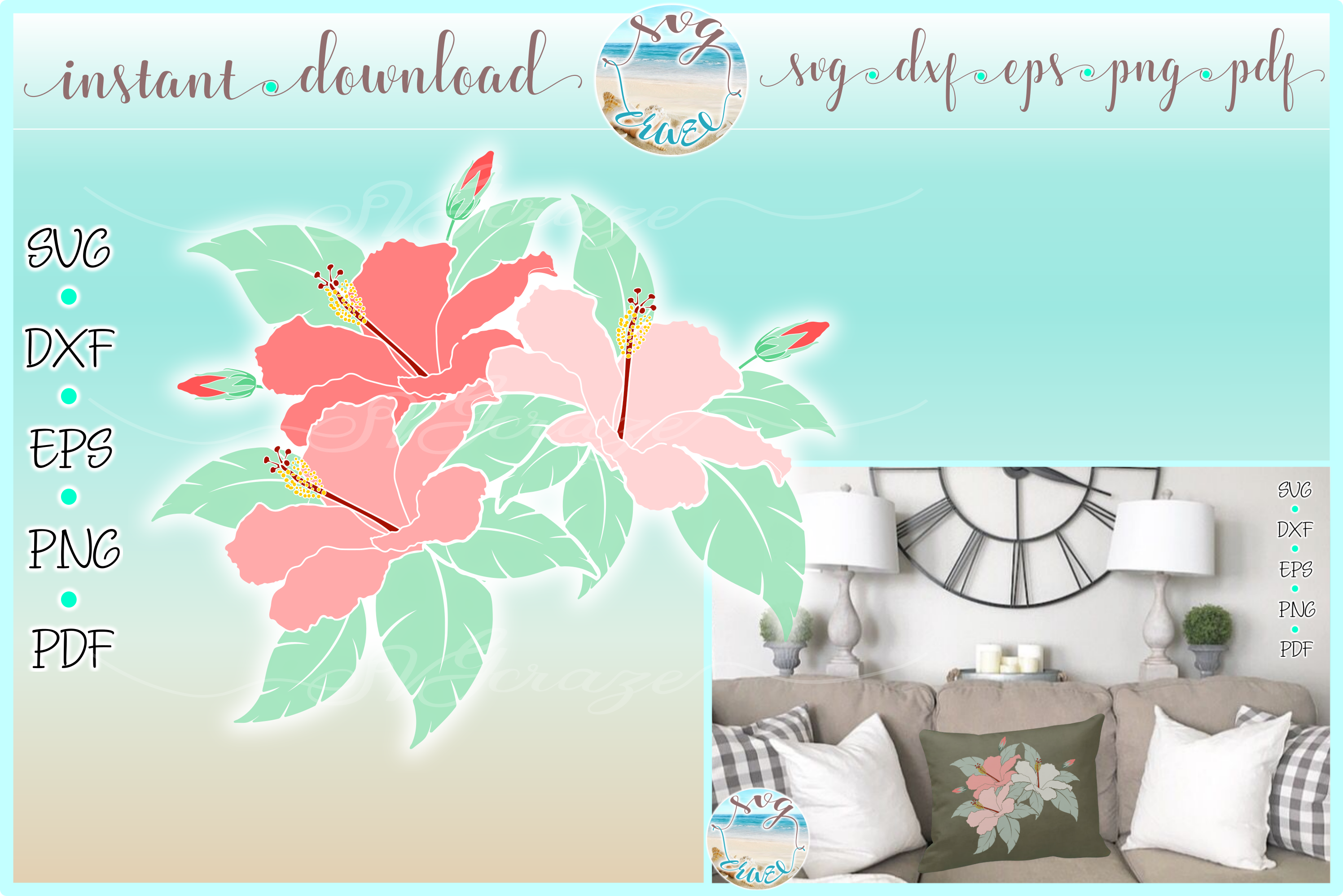 Download Hibiscus Flowers with Leaves SVG Dxf Eps Png PDF files ...