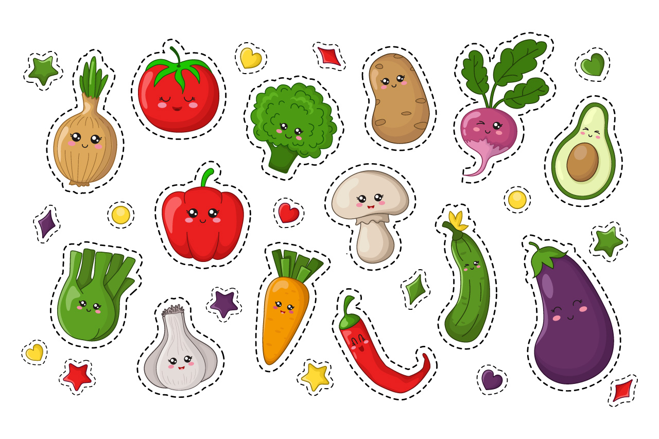 Kawaii Fruit and Vegetables stickers (355062) Illustrations
