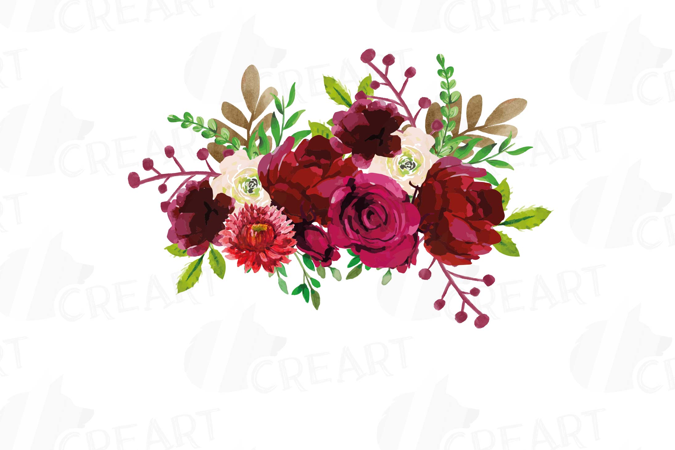 Boho Burgundy Red Watercolor clip art, floral bouquets png (145163