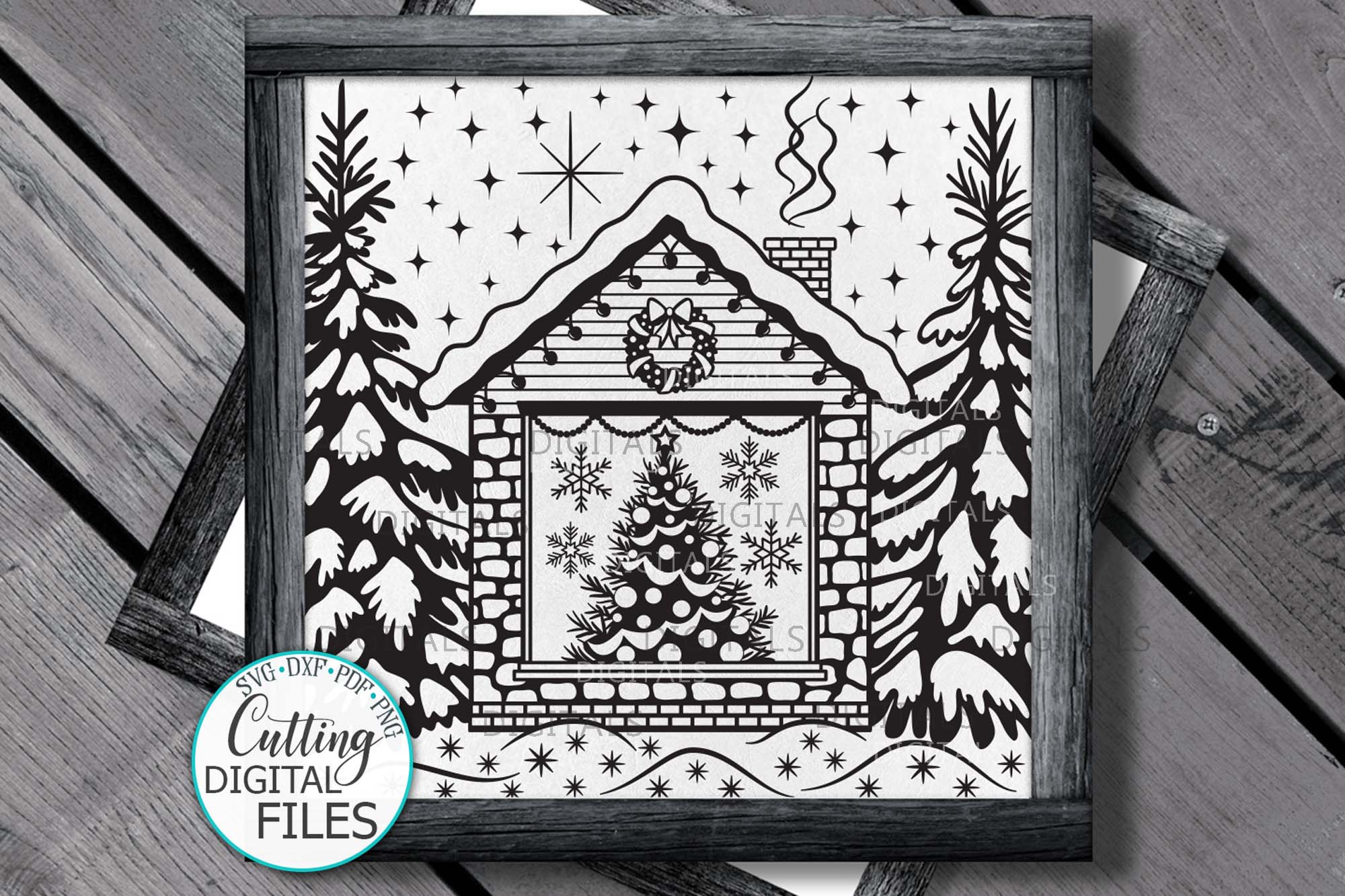 Christmas House with Tree Winter scene printable cutting svg