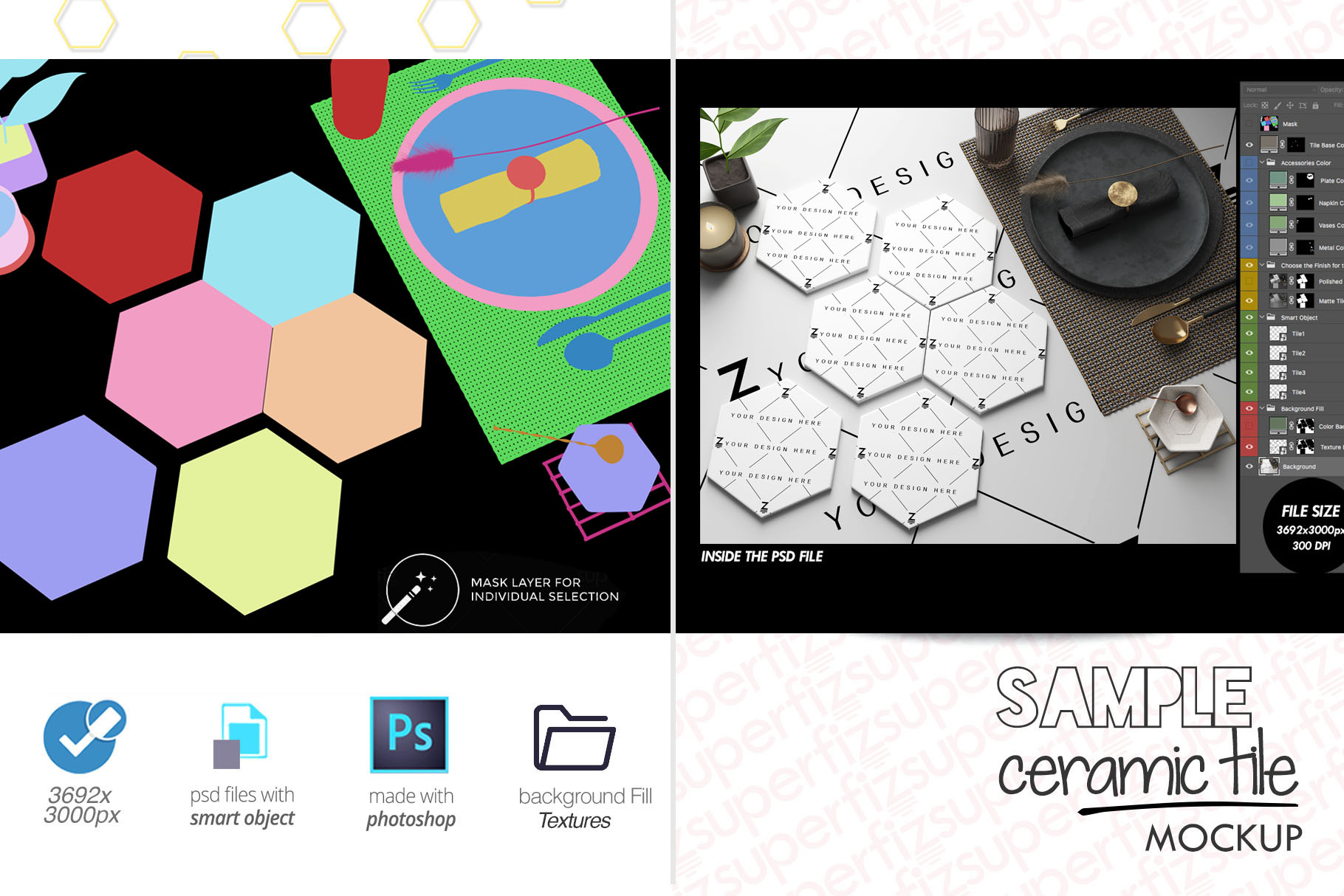 Sample Hexagonal Ceramic Tile Mockup PSD SM92H (306392) | Exhibition | Design Bundles
