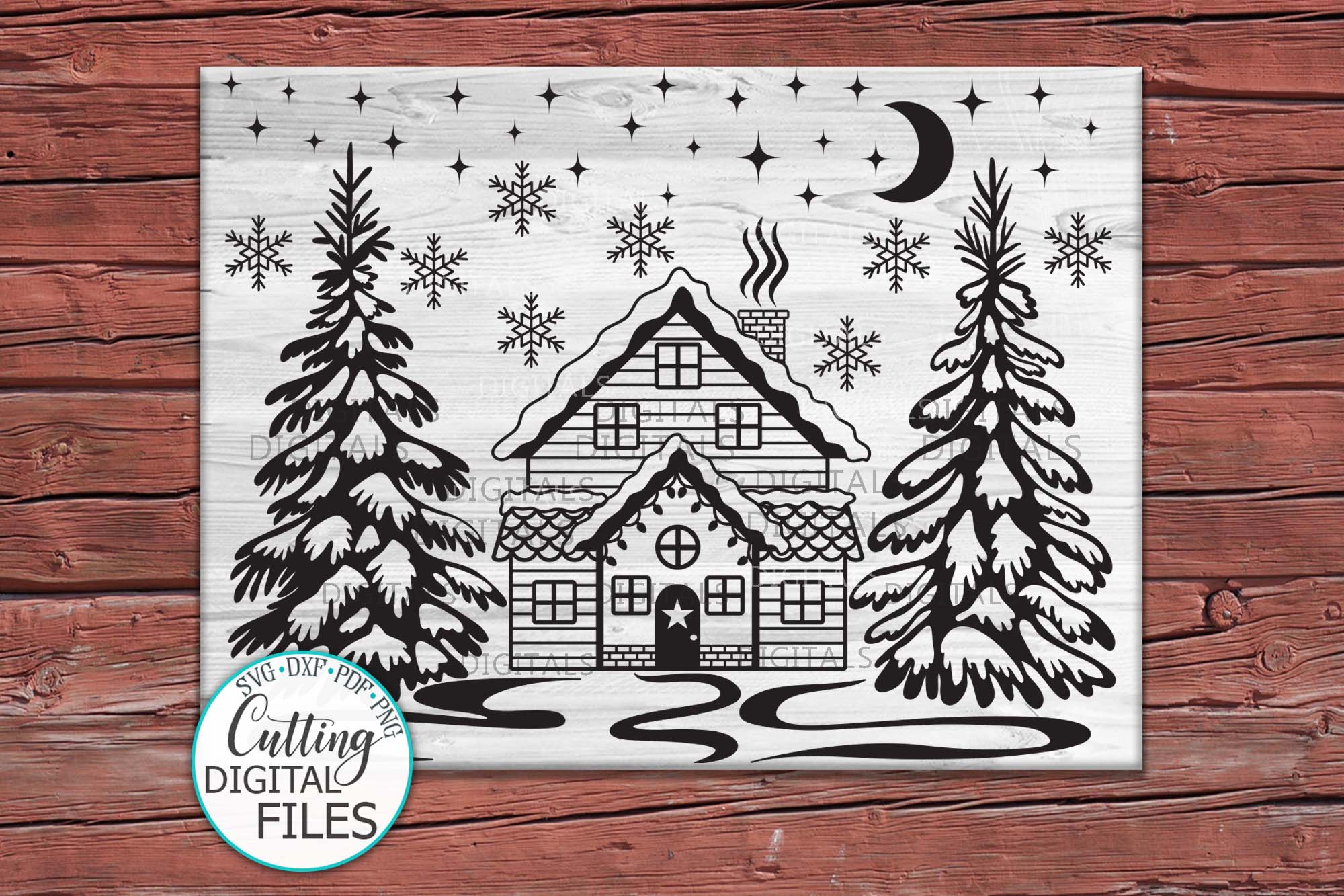 Download Winter Christmas House Scene Landscape with Trees svg cut