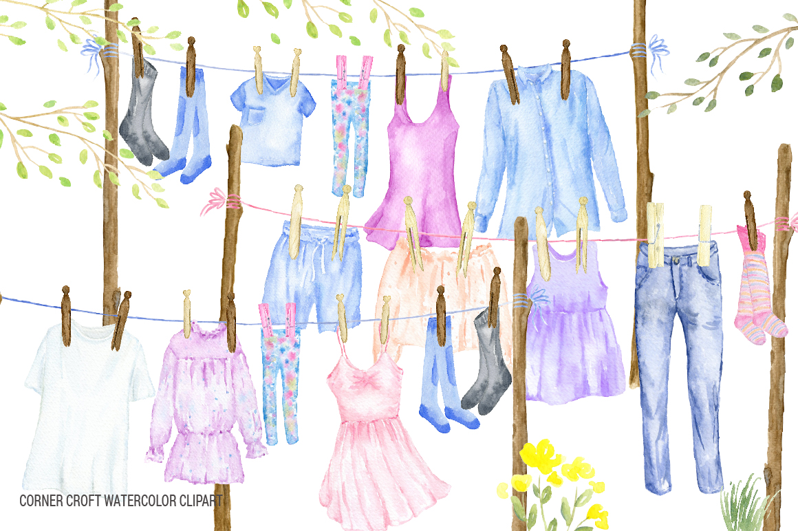 Watercolor washing line clipart, clothes line clipart, fashion clothes