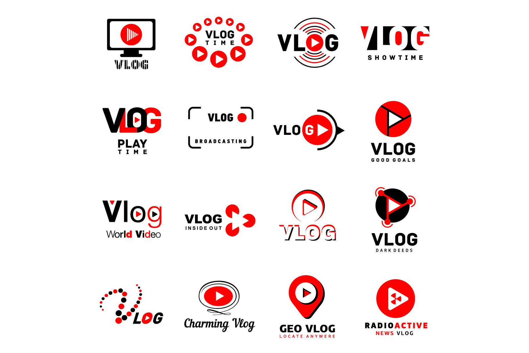 Vlog video channel logo icons set, simple style